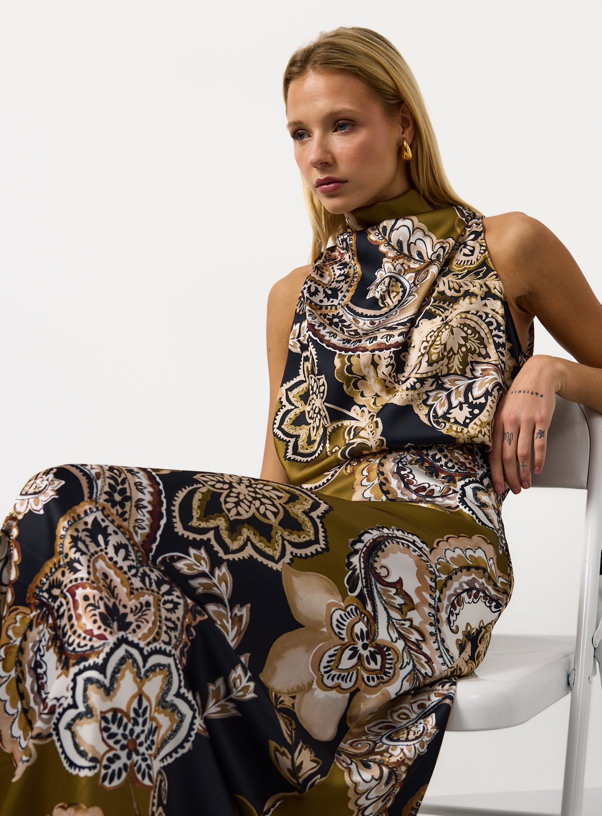 Paisley Print Satin Halter Neck Dress 