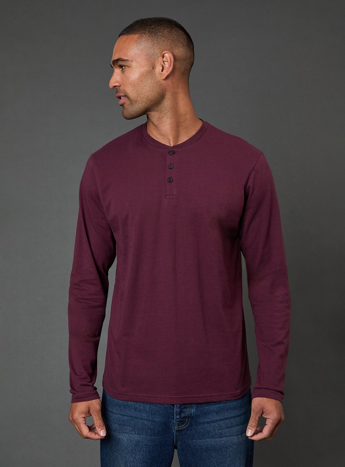 BURTON Burgundy Long Sleeve Grandad Neck T Shirt 