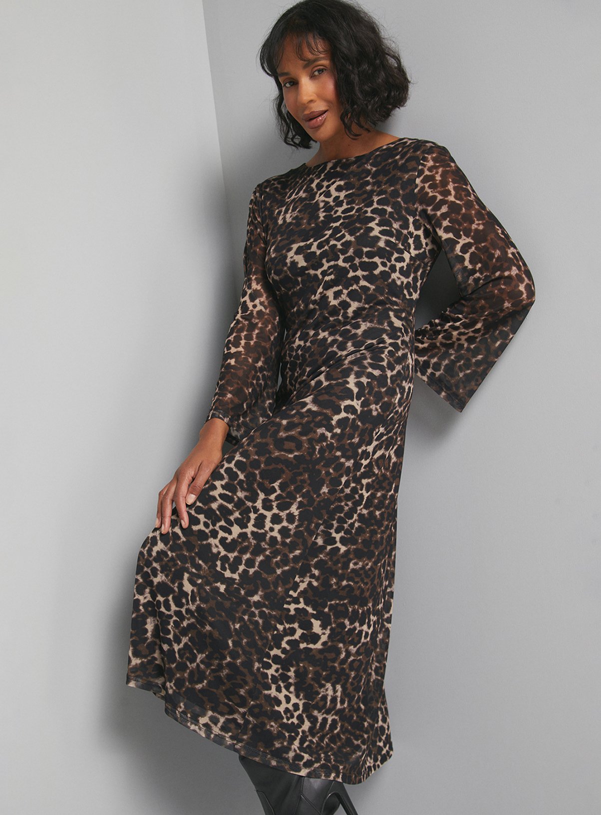 WALLIS Black Leopard Print Mesh Midi Dress