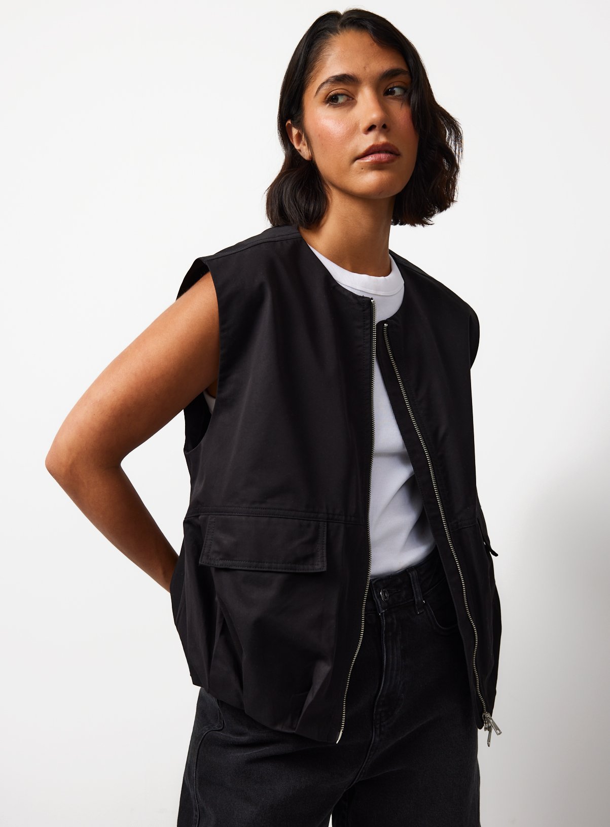 Black Collarless Zip Gilet 20