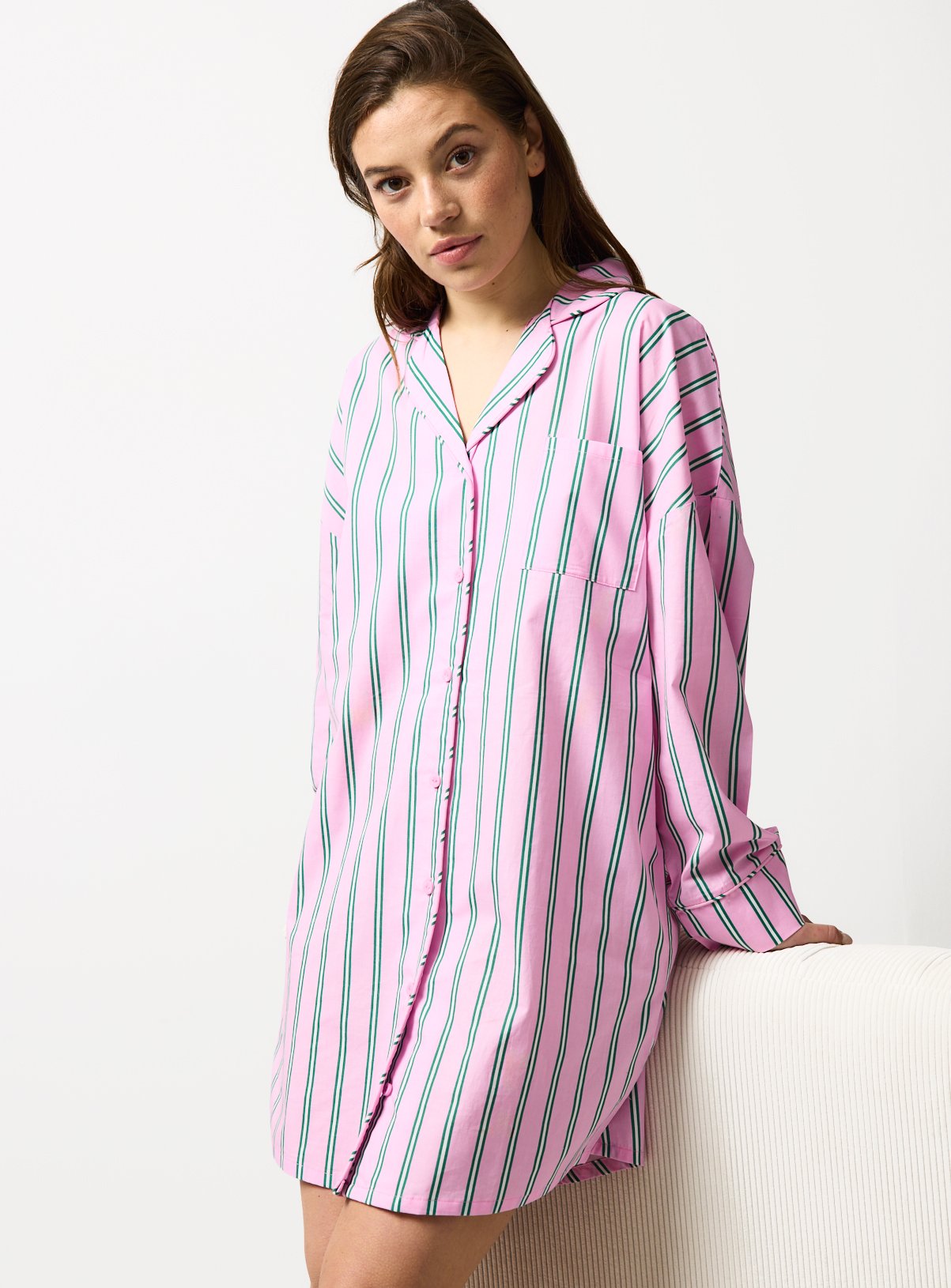 Pink Striped Poplin Night Shirt