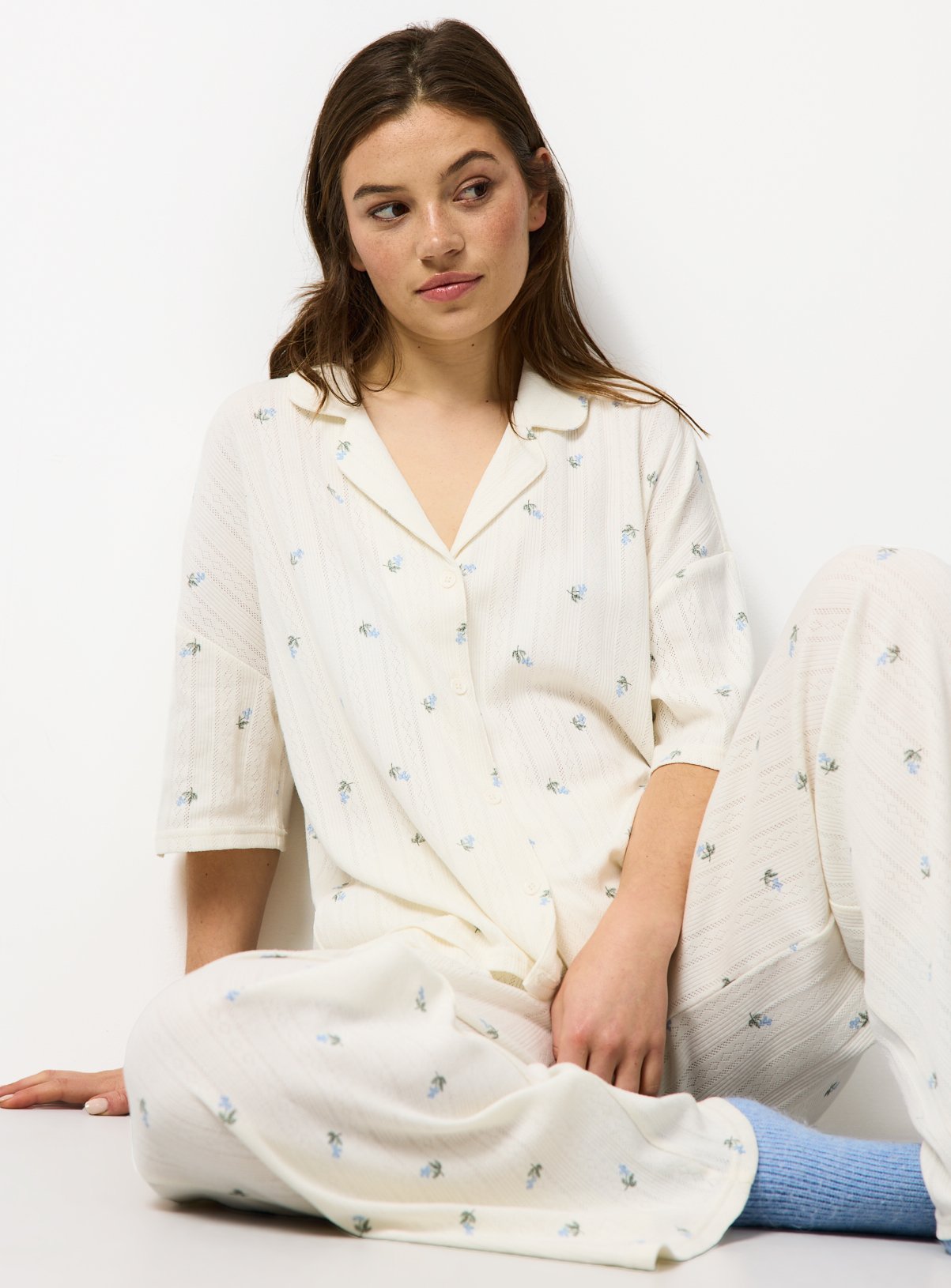 White Blueberry Print Pointelle Traditional Pyjamas 
