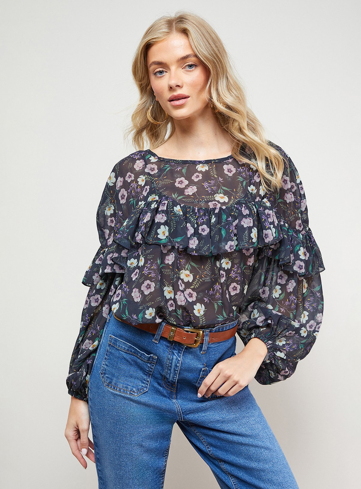OASIS Printed Ruffle Yoke Balloon Sleeve Boho Blouse 12