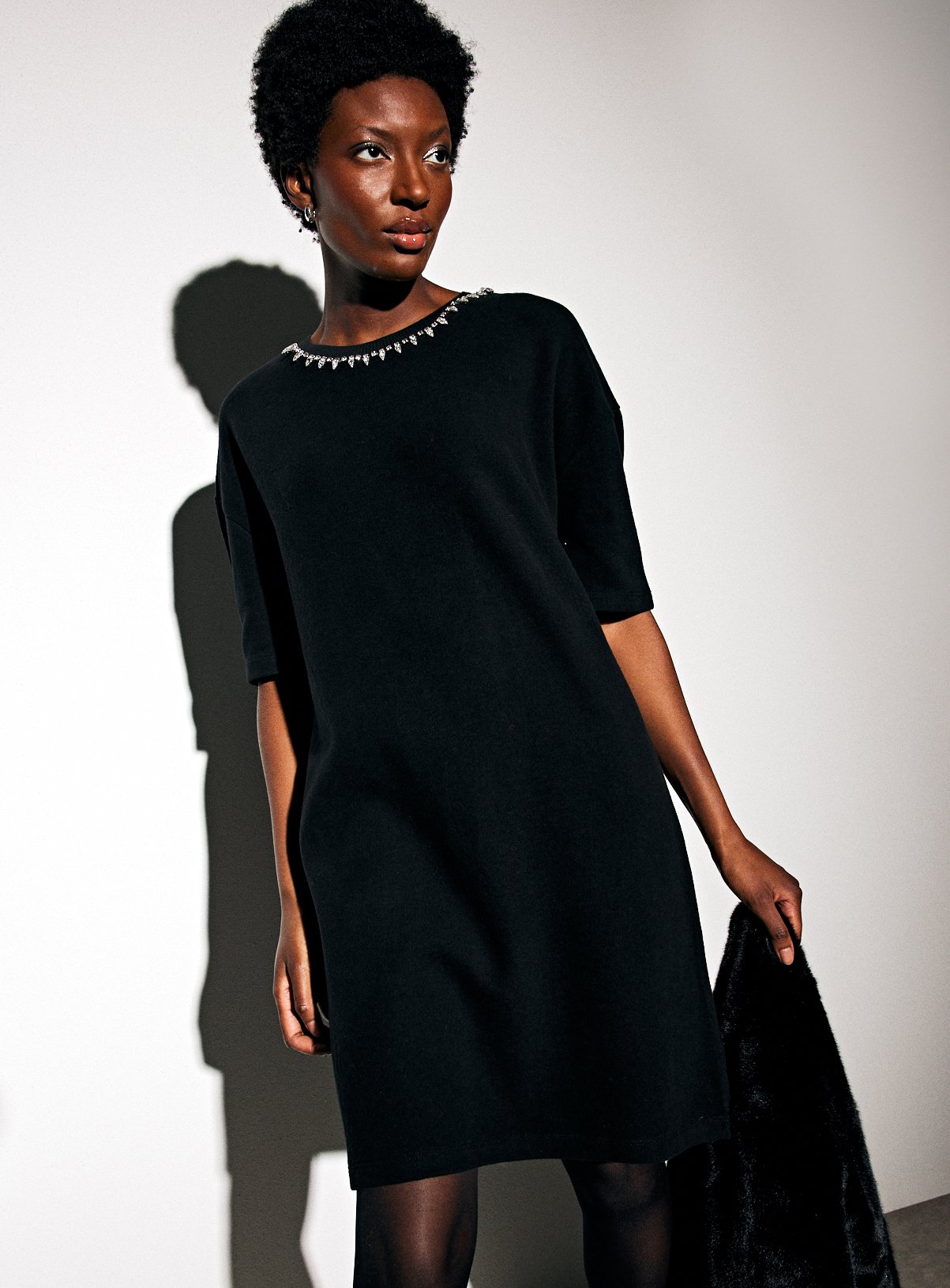 Black Embellished Neckline Soft Touch Mini Dress 20