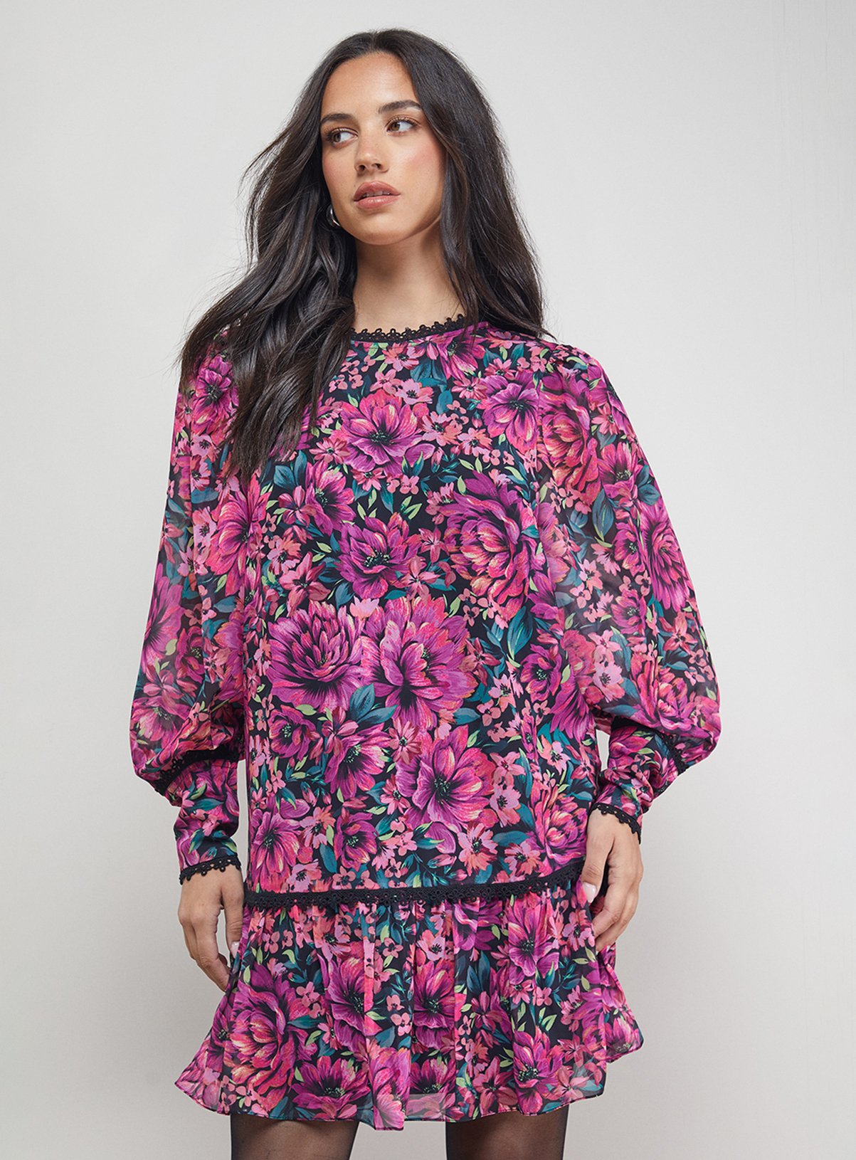 OASIS Printed Blouson Sleeve Tie Back Mini Dress