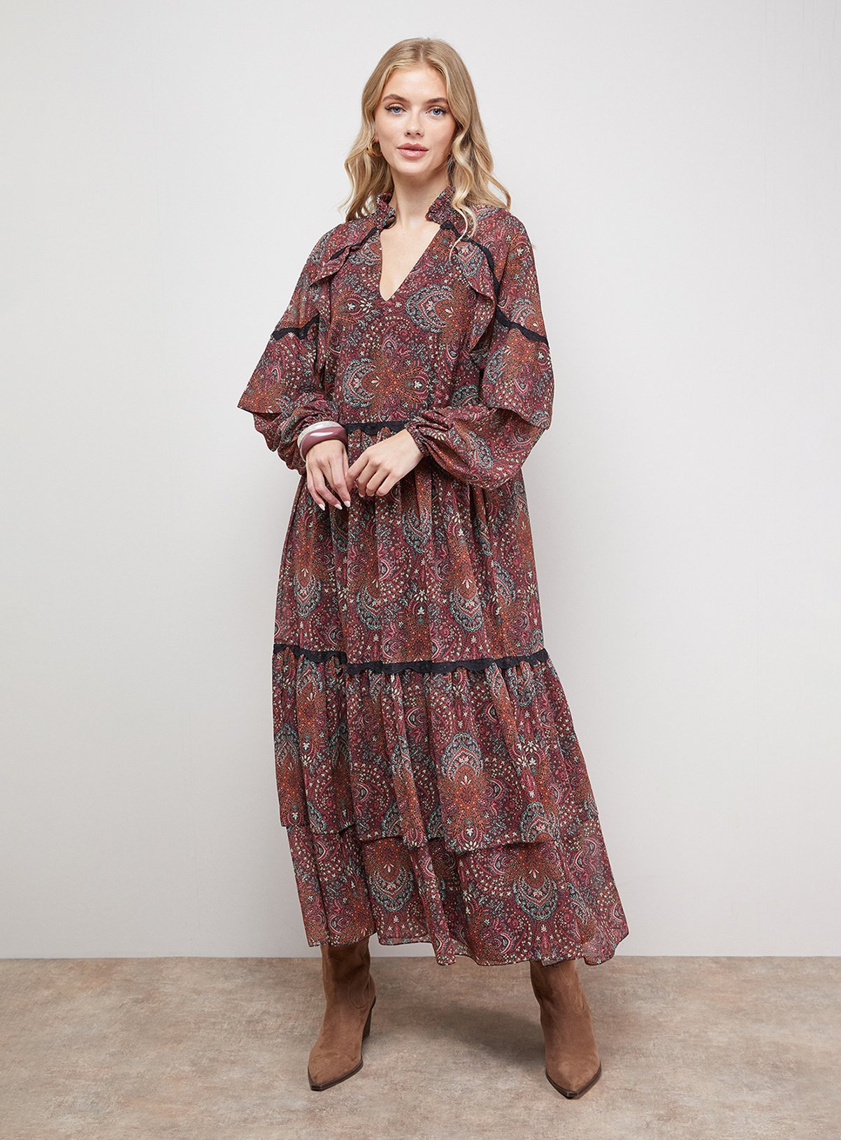 OASIS Printed Cape Detail Lace Trim Boho Maxi Dress