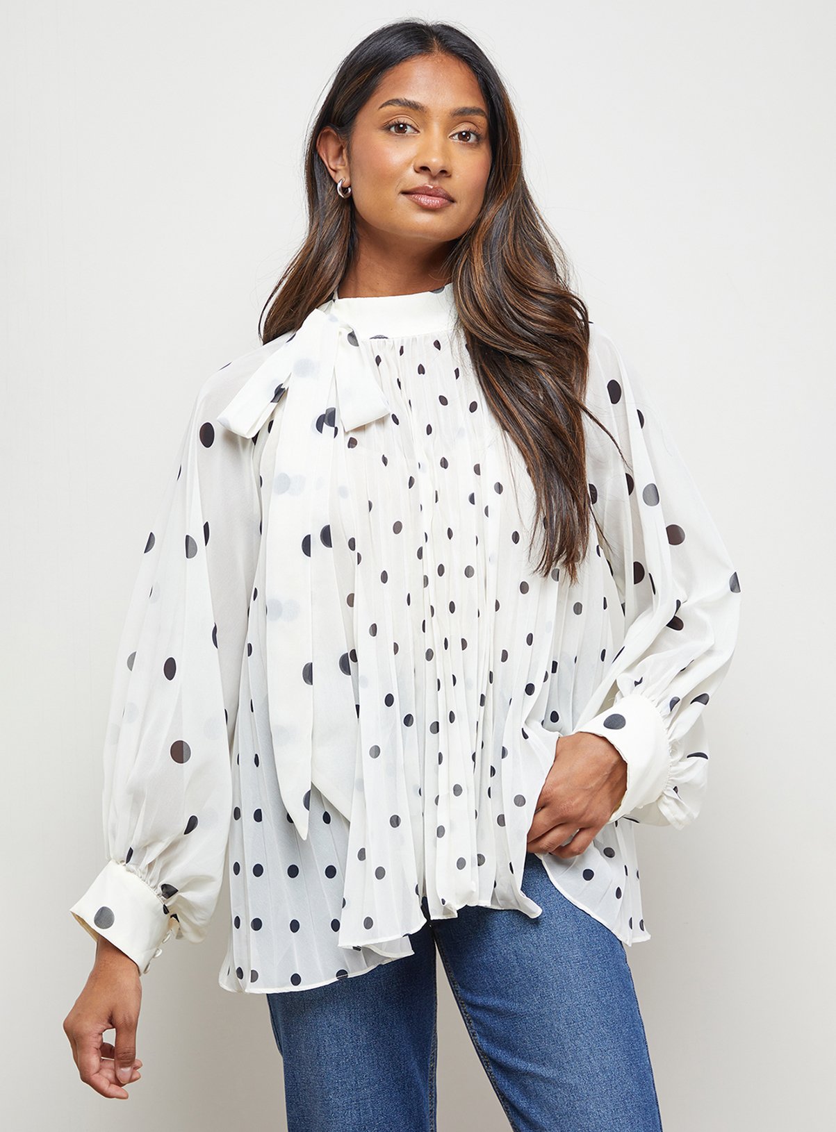 OASIS Polkadot Pleated Tie Neck Balloon Sleeve Blouse 