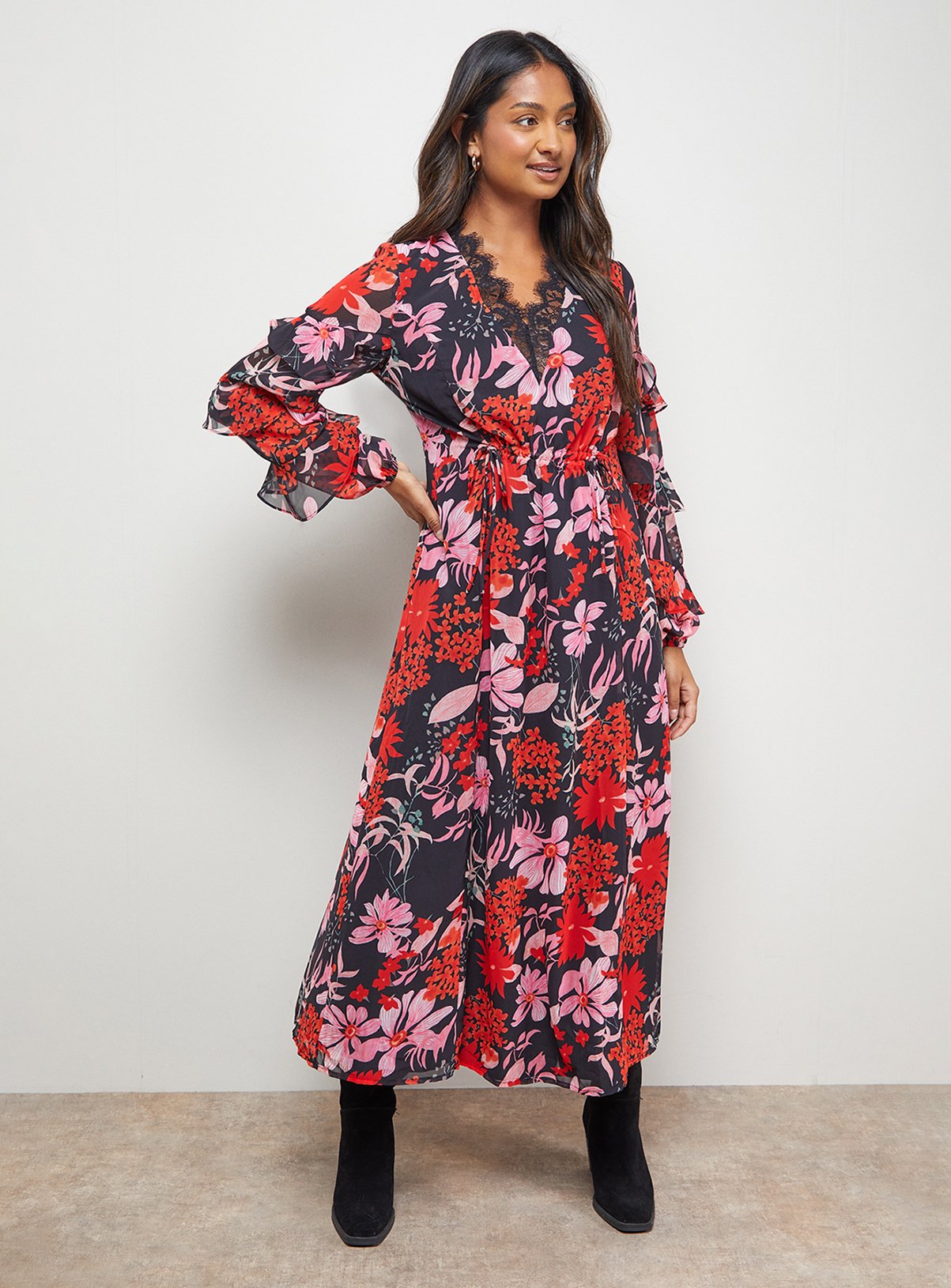 OASIS Printed Lace Detail Frill Sleeve Midi Dress 
