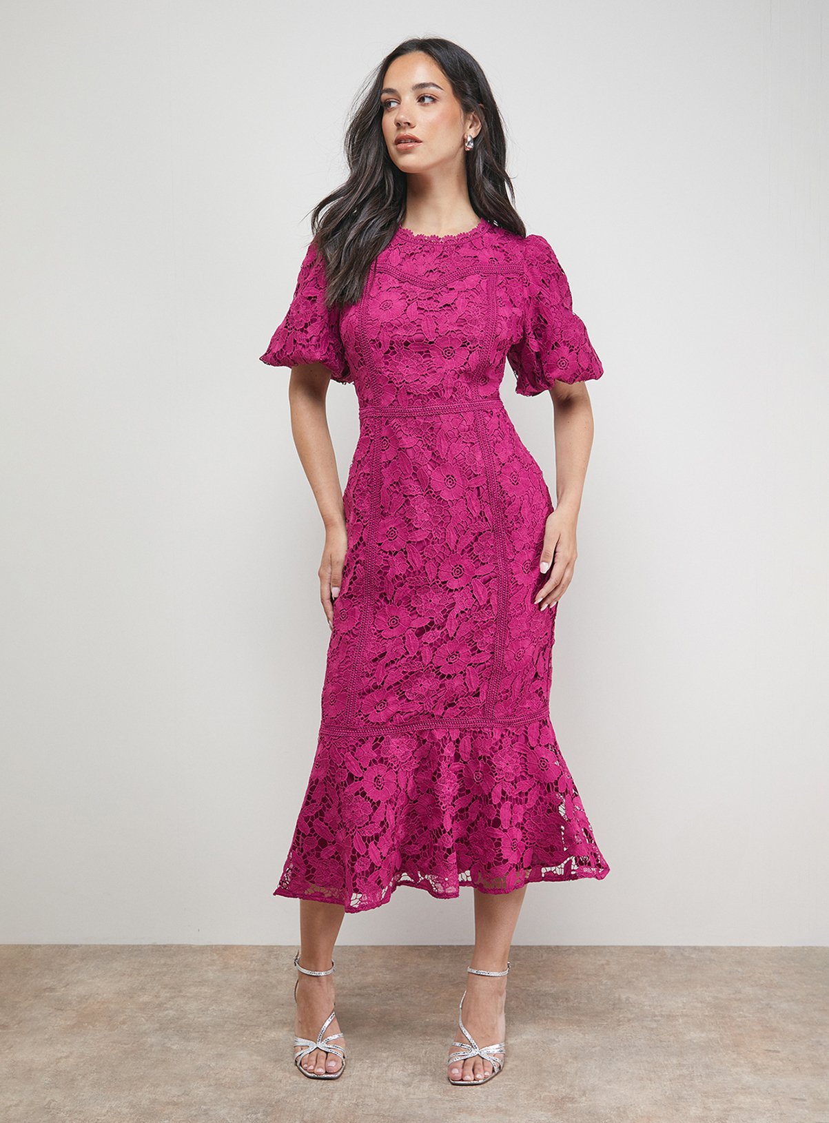OASIS Lace Trim Detail Puff Sleeve Peplum Midi Dress 