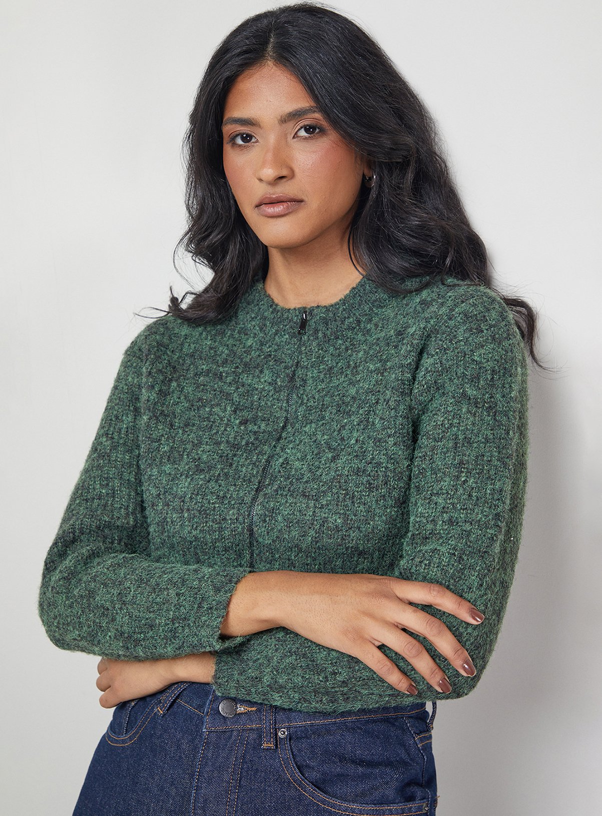 WAREHOUSE Zip Up Rib Crew Cardigan 