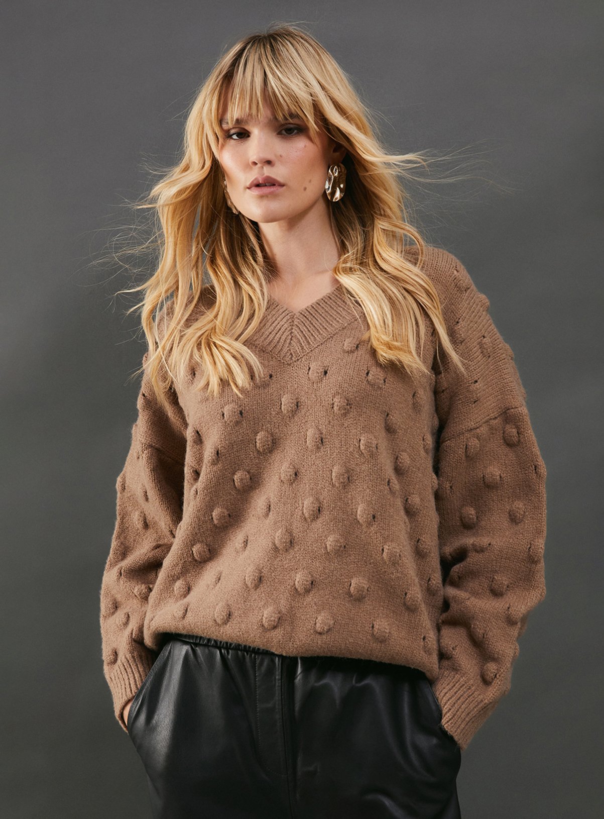 WAREHOUSE Bubble Knit Slouchy V Neck Jumper