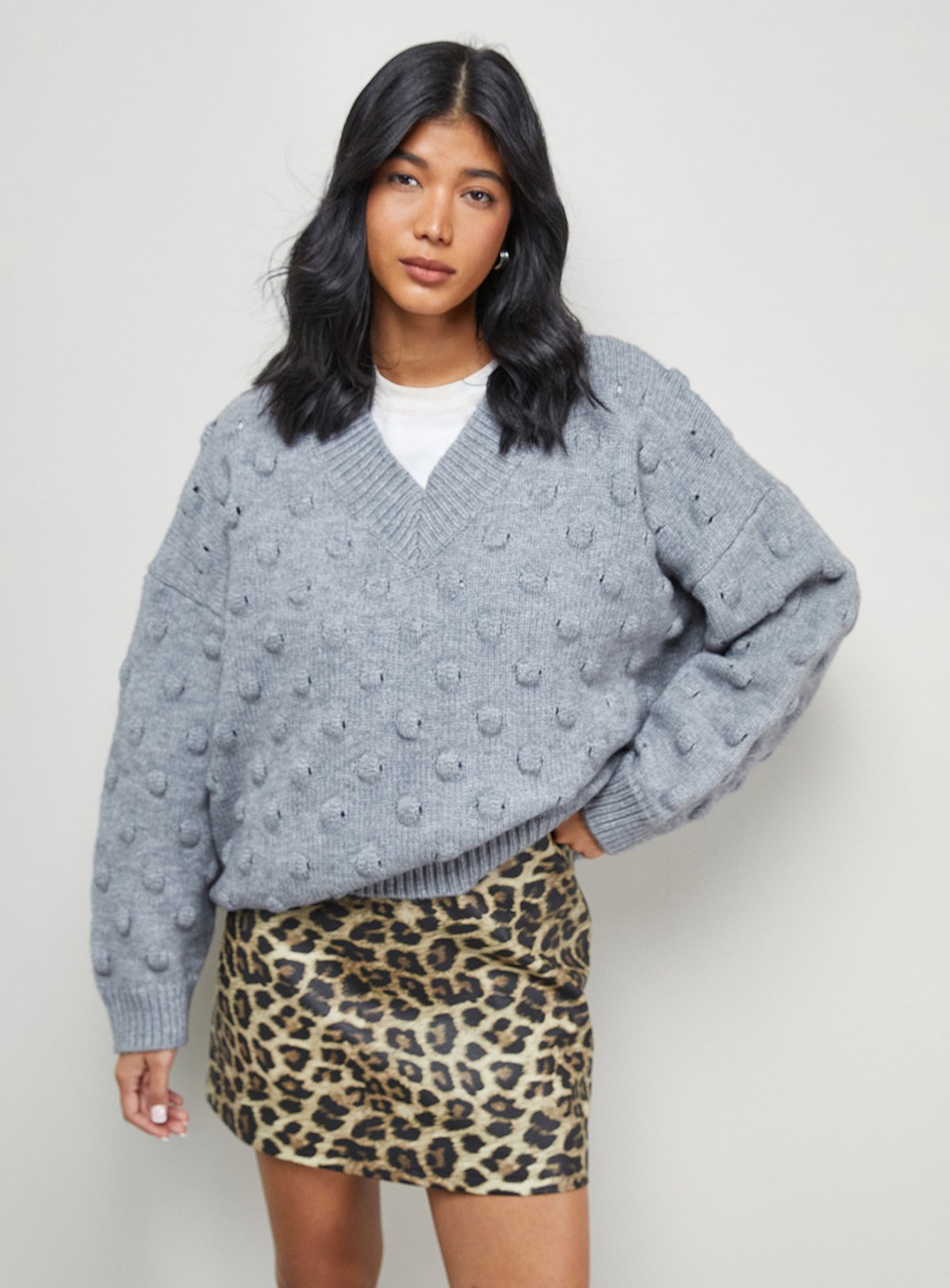 WAREHOUSE Bubble Knit Slouchy V Neck Jumper 