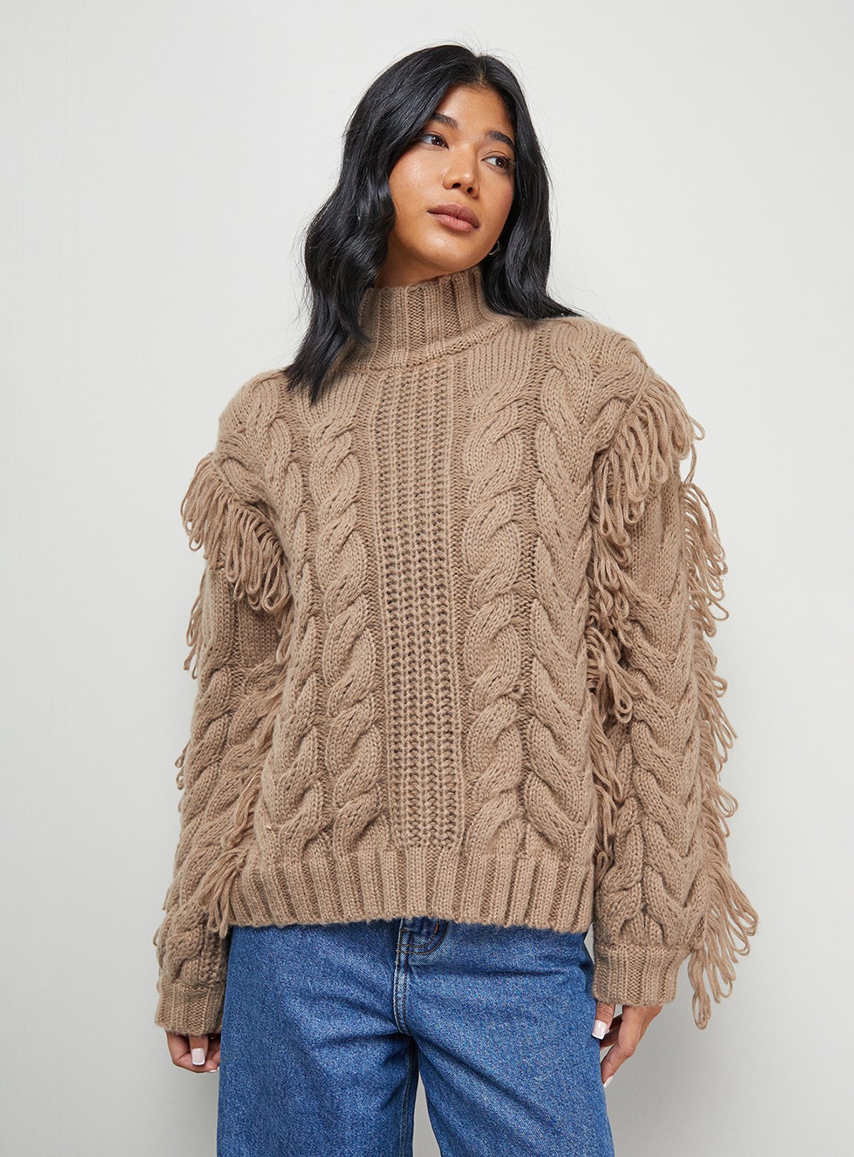 WAREHOUSE Fringe Cross Back Cable Jumper 