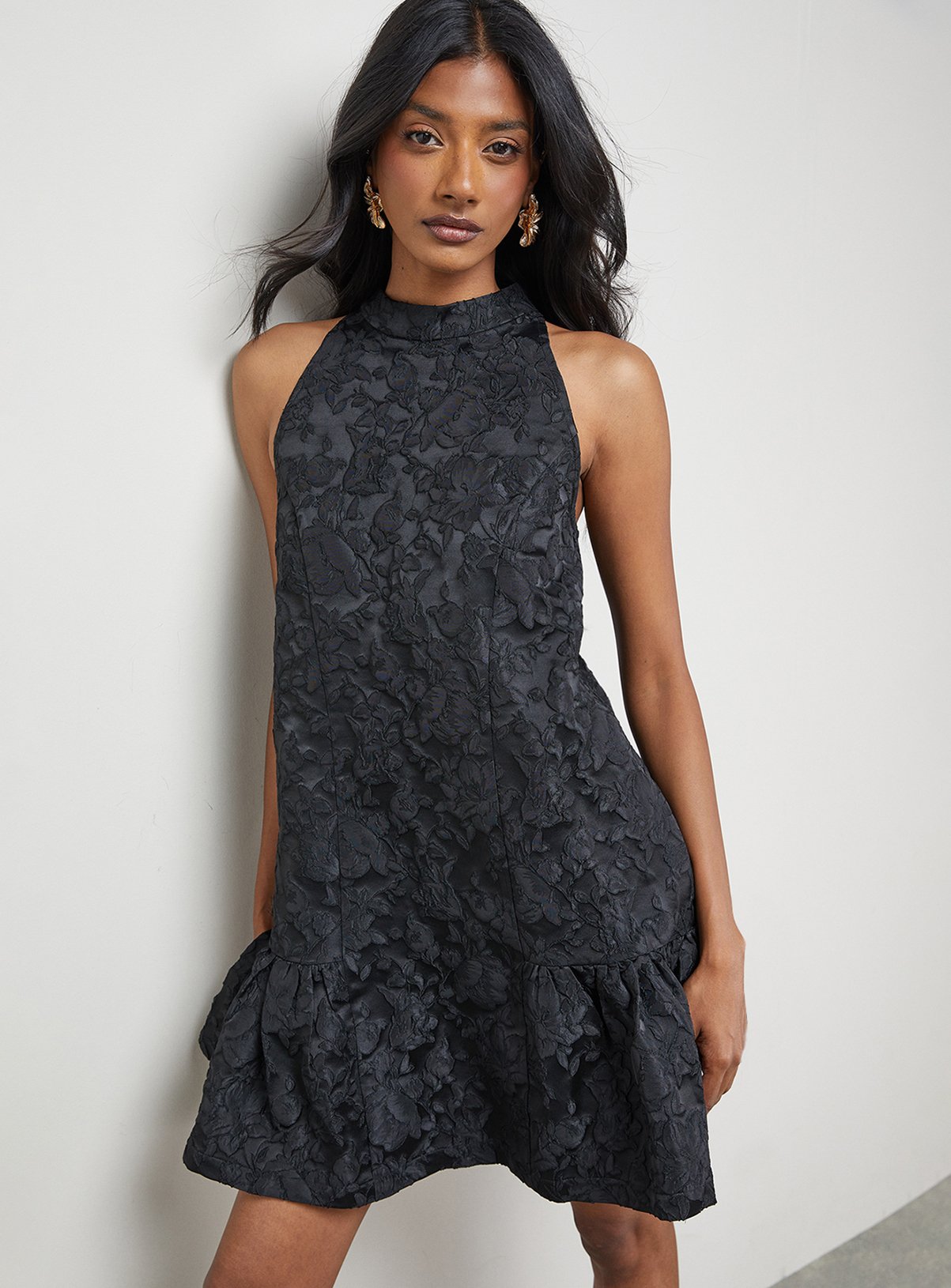 WAREHOUSE Jacquard High Neck Drop Hem Mini Dress 14