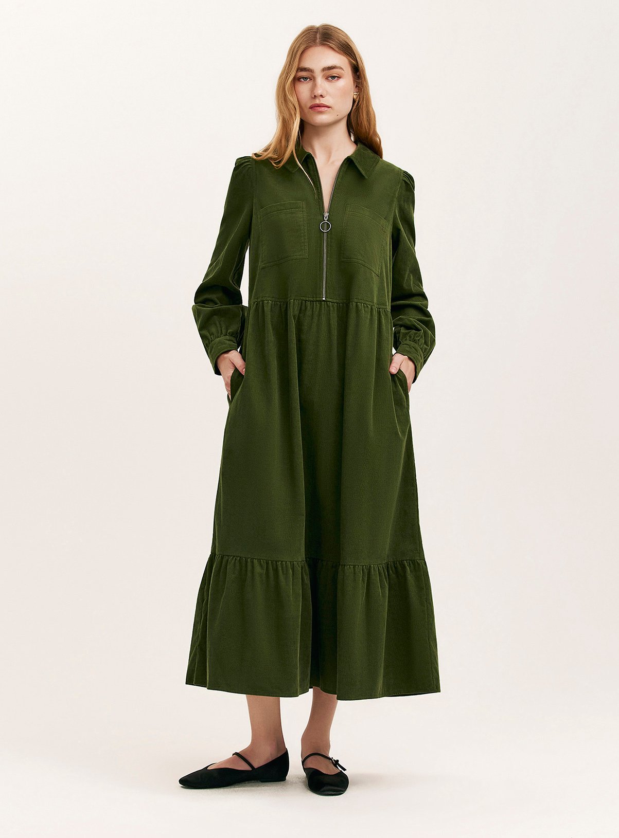 FINERY Callie Corduroy Midi Dress Khaki 