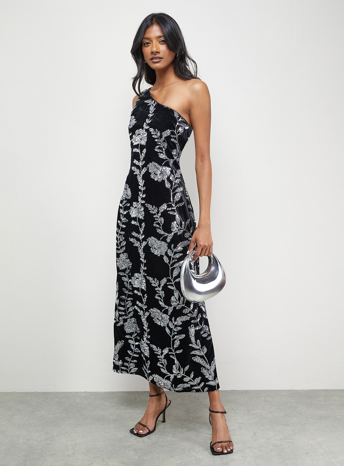 WAREHOUSE Velvet Sequin One Shoulder Midi Dress 