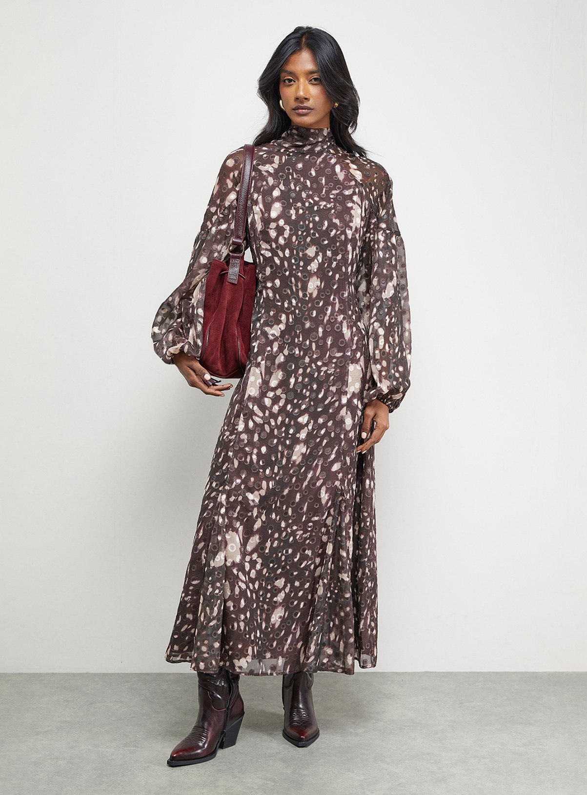 WAREHOUSE Paisley Burnout Spot High Neck Godet Midi Dress