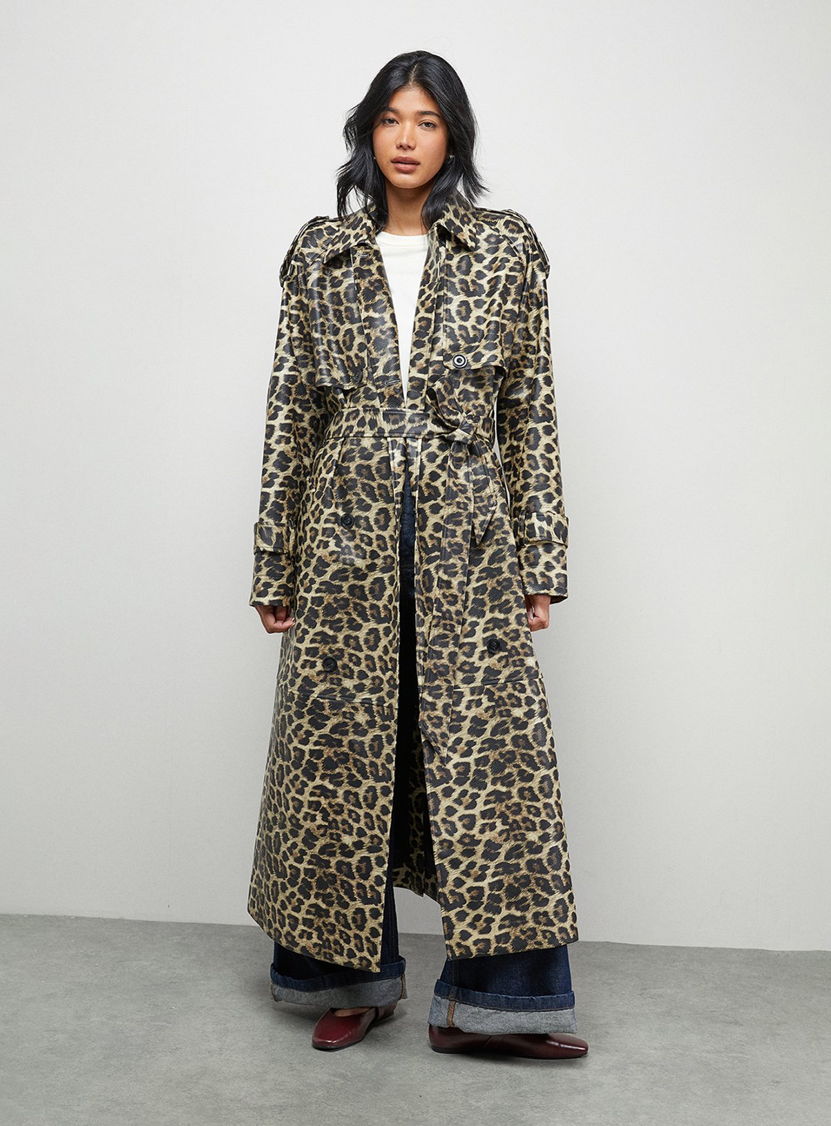 WAREHOUSE PU Leopard Print Trench Coat 