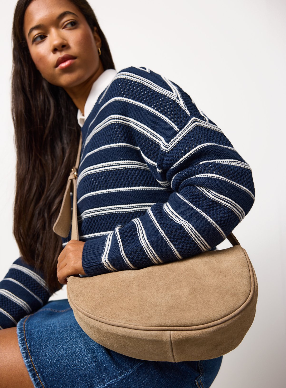 Neutral Suede Moon Crossbody Bag One Size