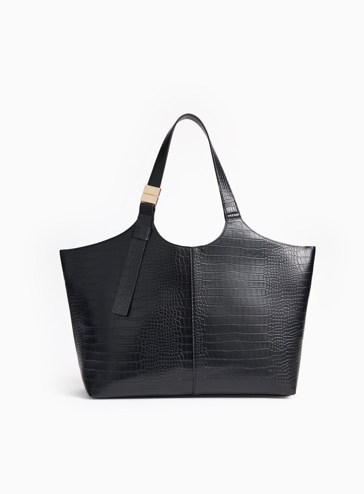 Black Faux Croc Winged Tote Bag One Size