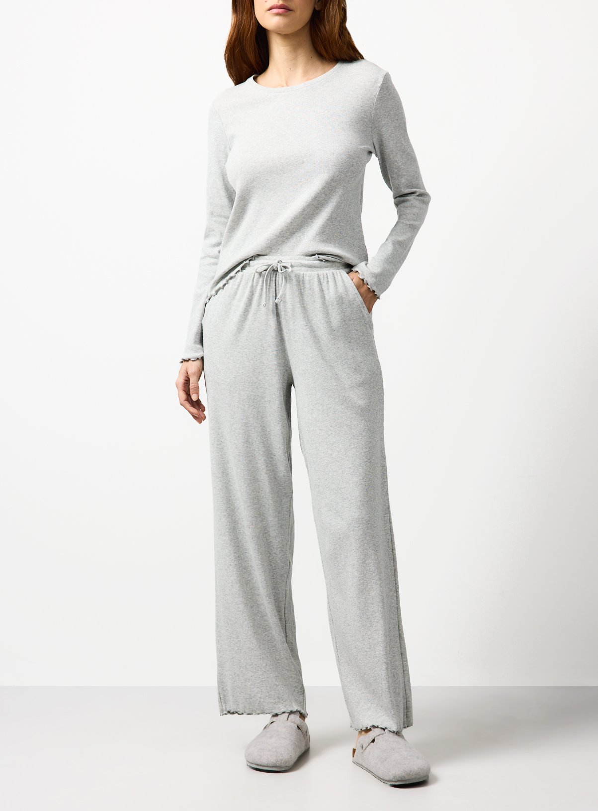 Grey Ribbed Wide Leg Co-ord Pyjama Bottoms