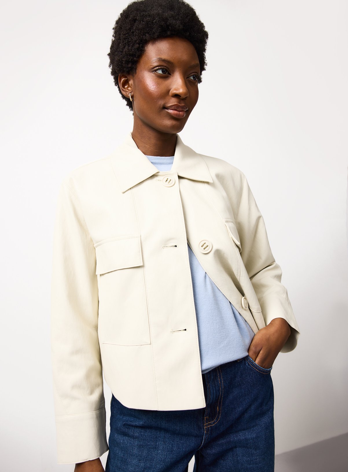 PU Leather Bomber Style Collared Jacket 