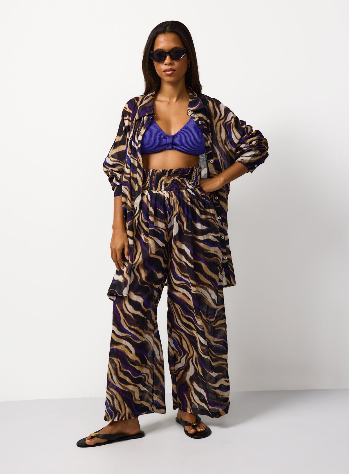 Wave Print Wide Leg Cover Up Trousers L