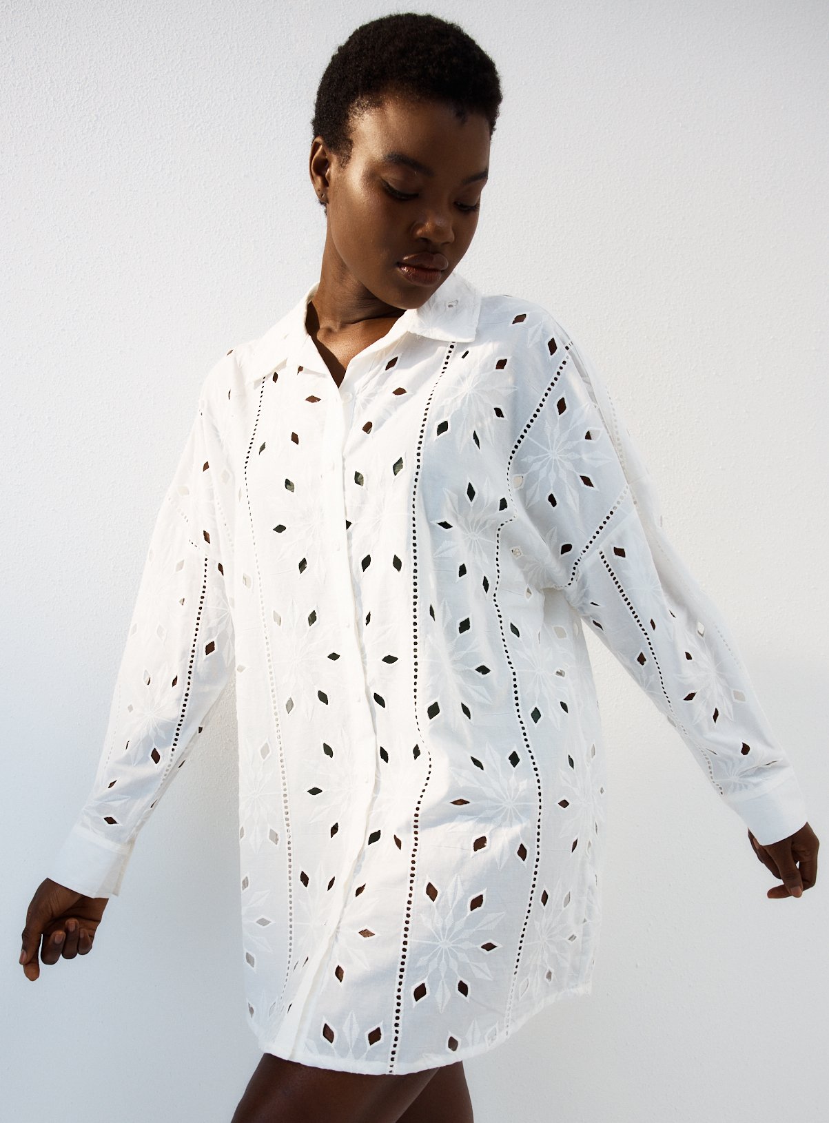 Ivory Diamond Broderie Detail Beach Shirt S