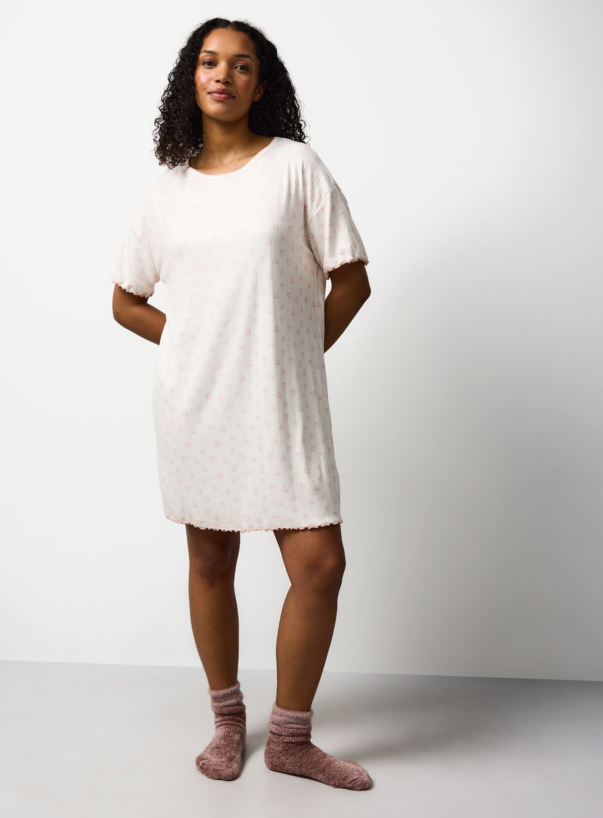 Cream Heart Print Pointelle Sleep Tee 