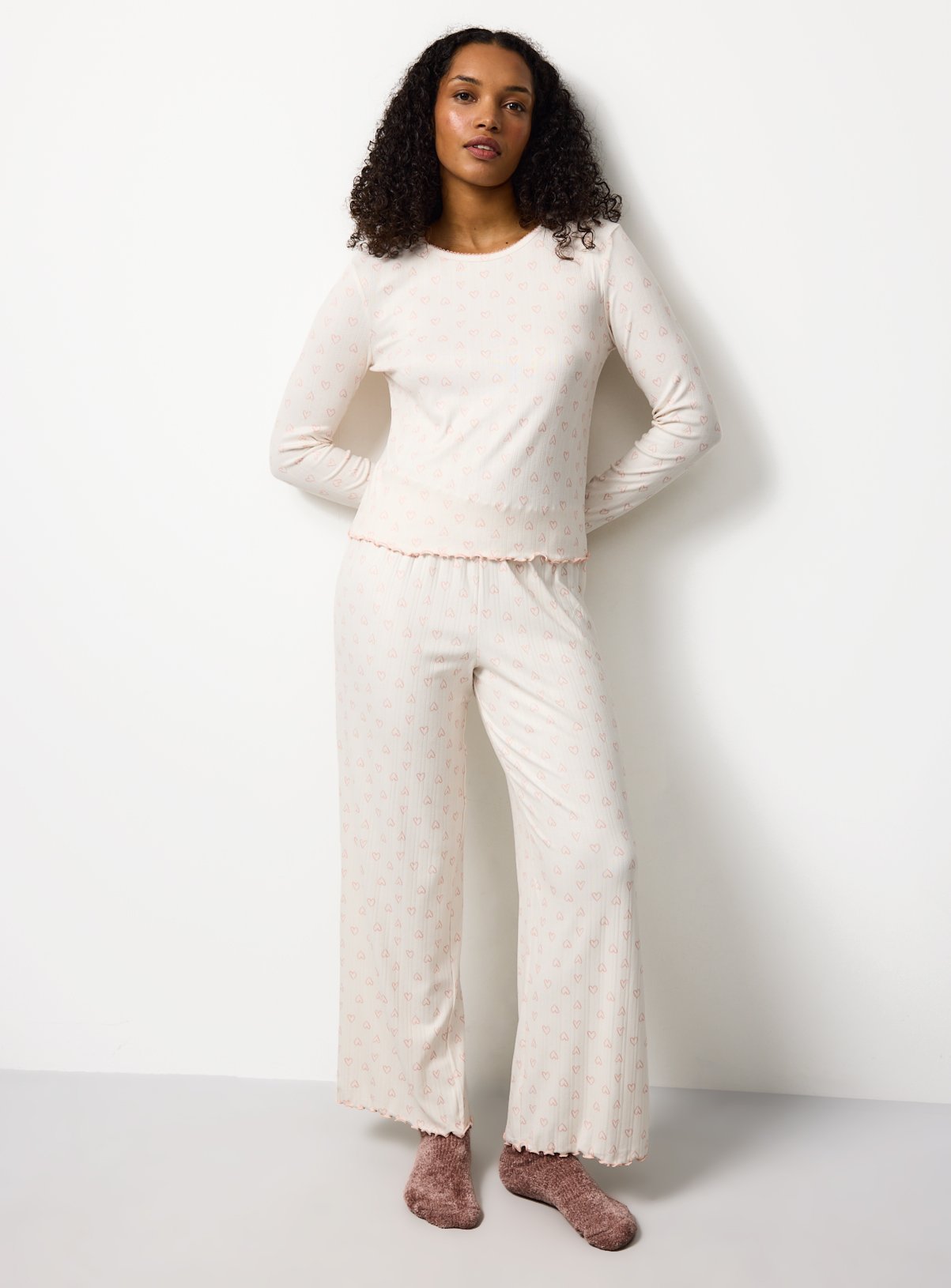 Cream Heart Print Pointelle Pyjamas 