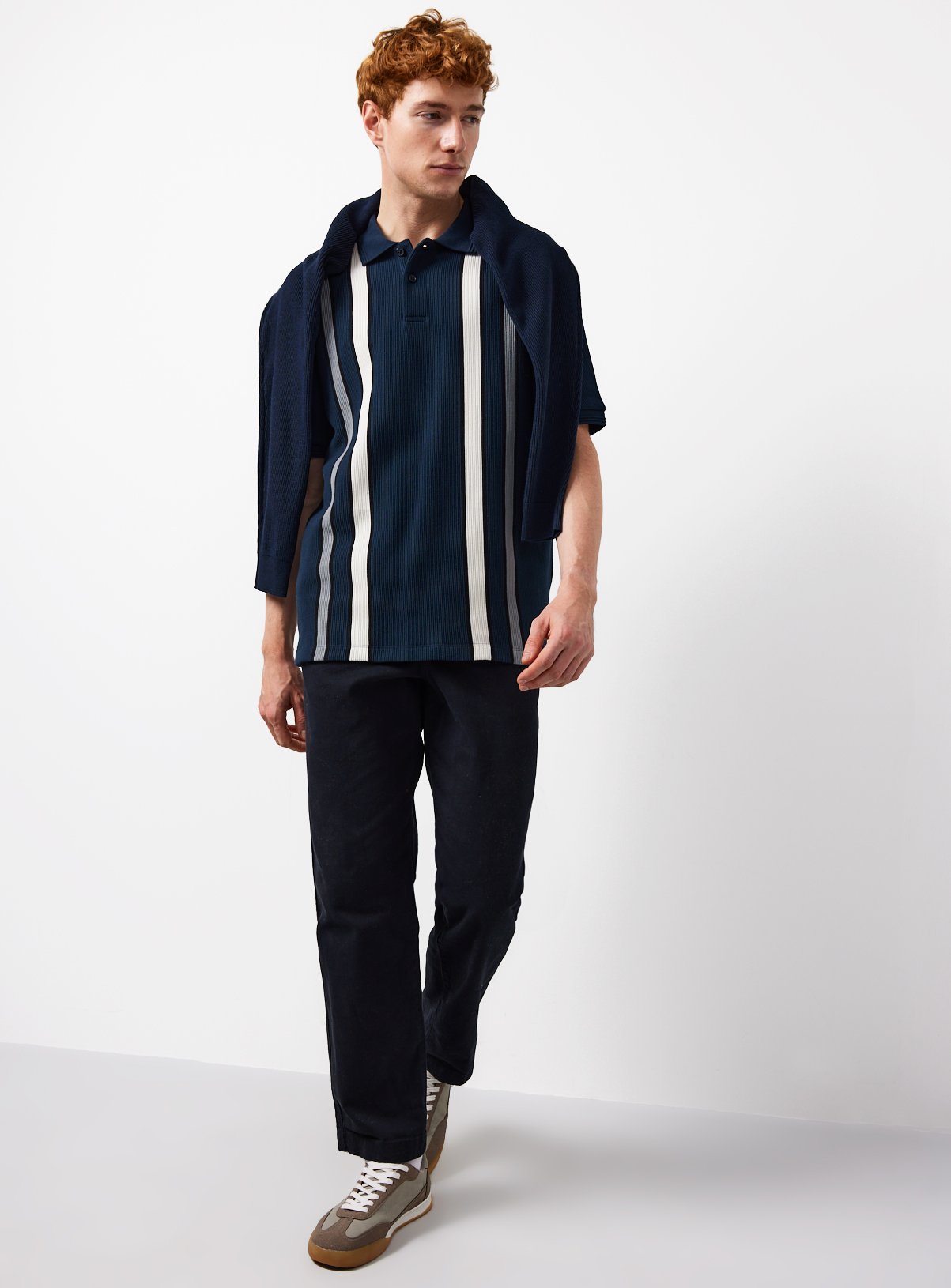 Navy Vertical Stripe Textured Polo Shirt 