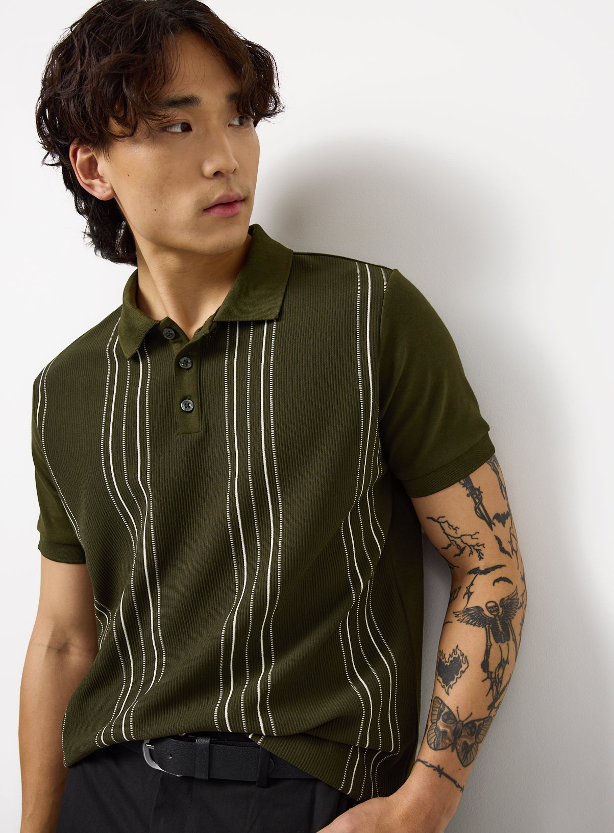 Khaki Vertical Stripe Polo Shirt XXXL