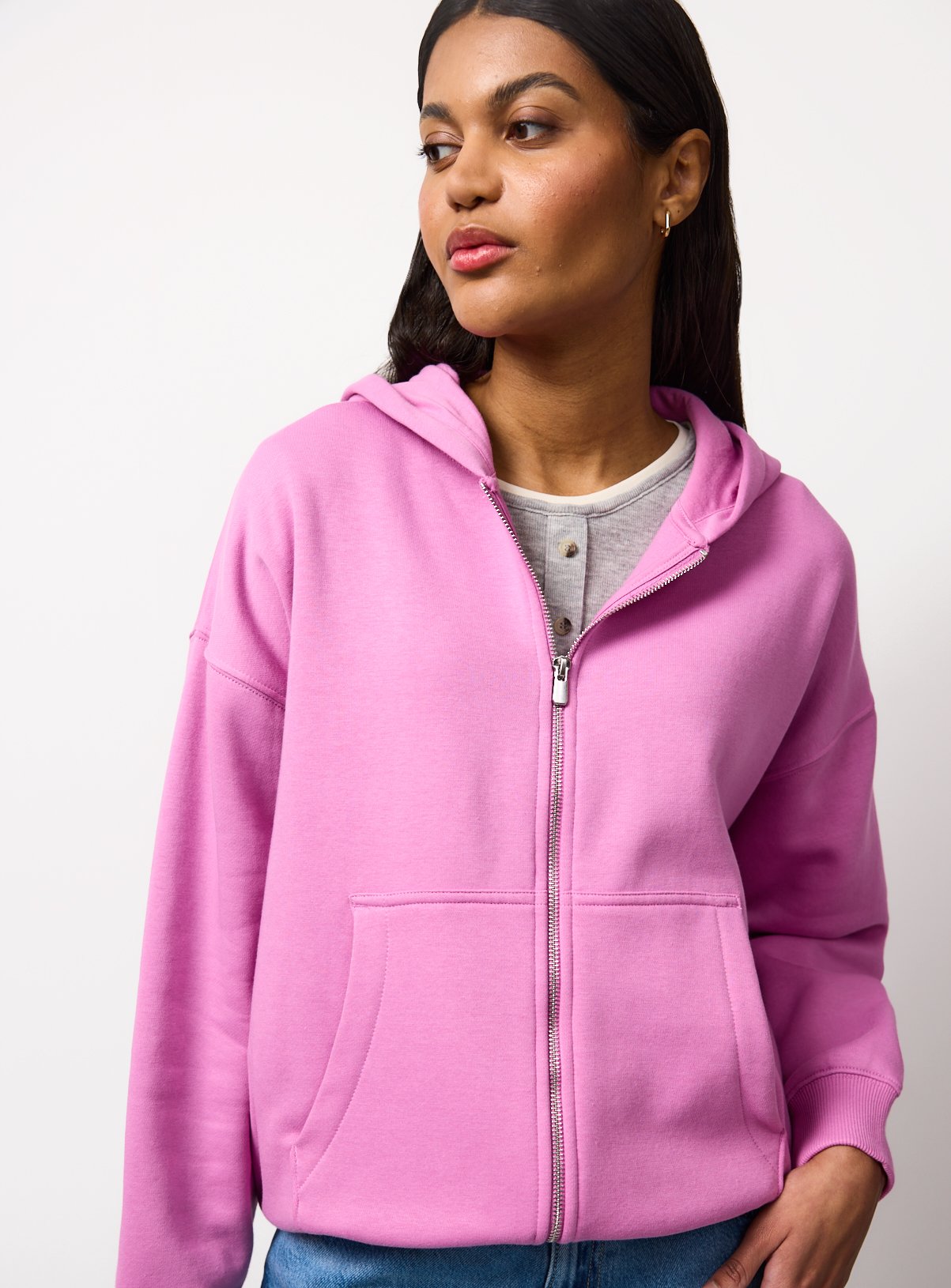 Pink Cotton Rich Relaxed Fit Zip Hoodie L