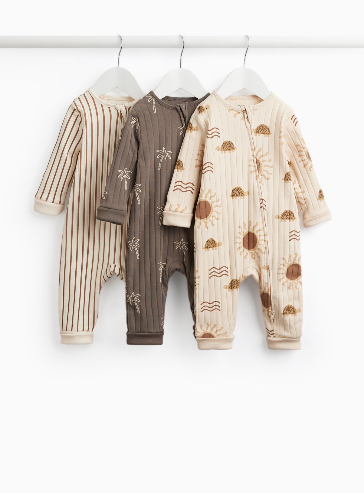 Beige Beach Print Sleepsuits 3 Pack Newborn