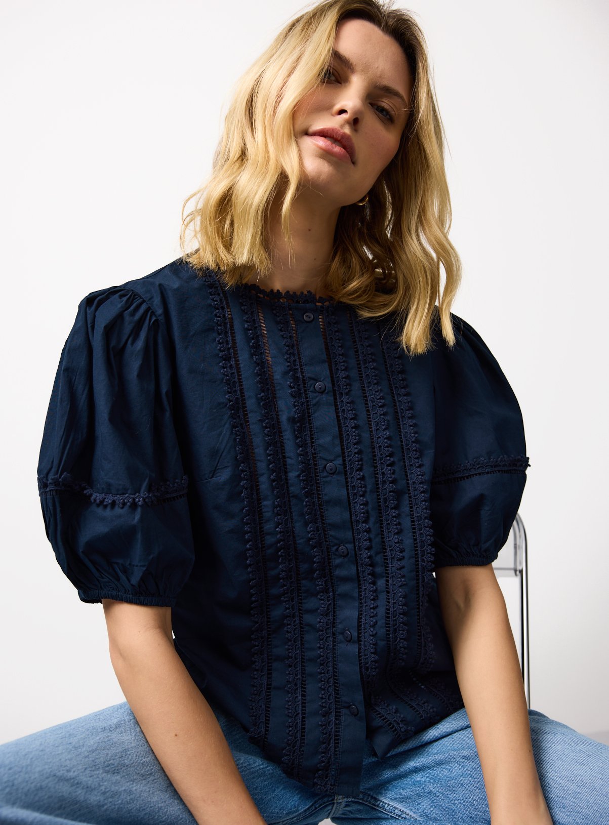 Navy Pintuck Lace Trim Blouse 6