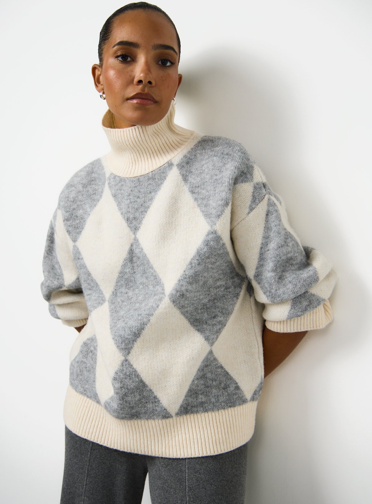 Grey Argyle High Neck Knitted Jumper
