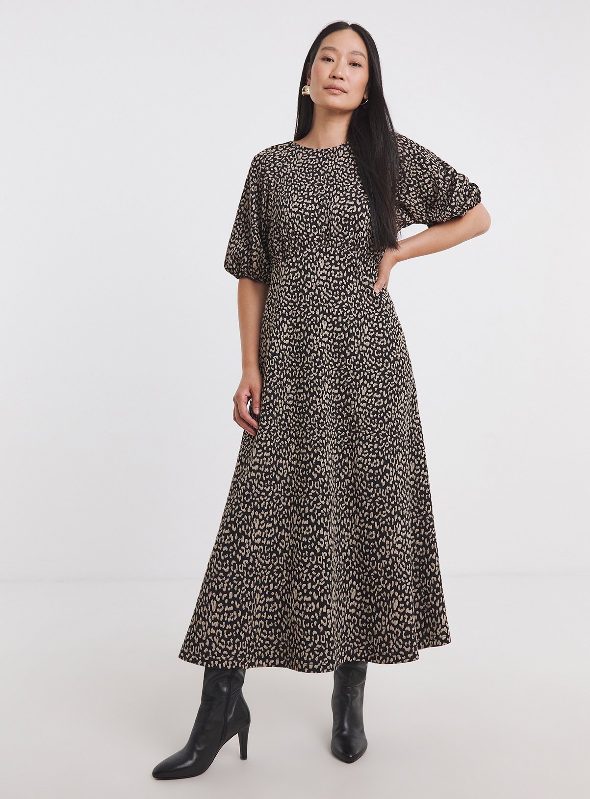 JD WILLIAMS Bow Back Jacquard Bubble Sleeve Tea Dress 