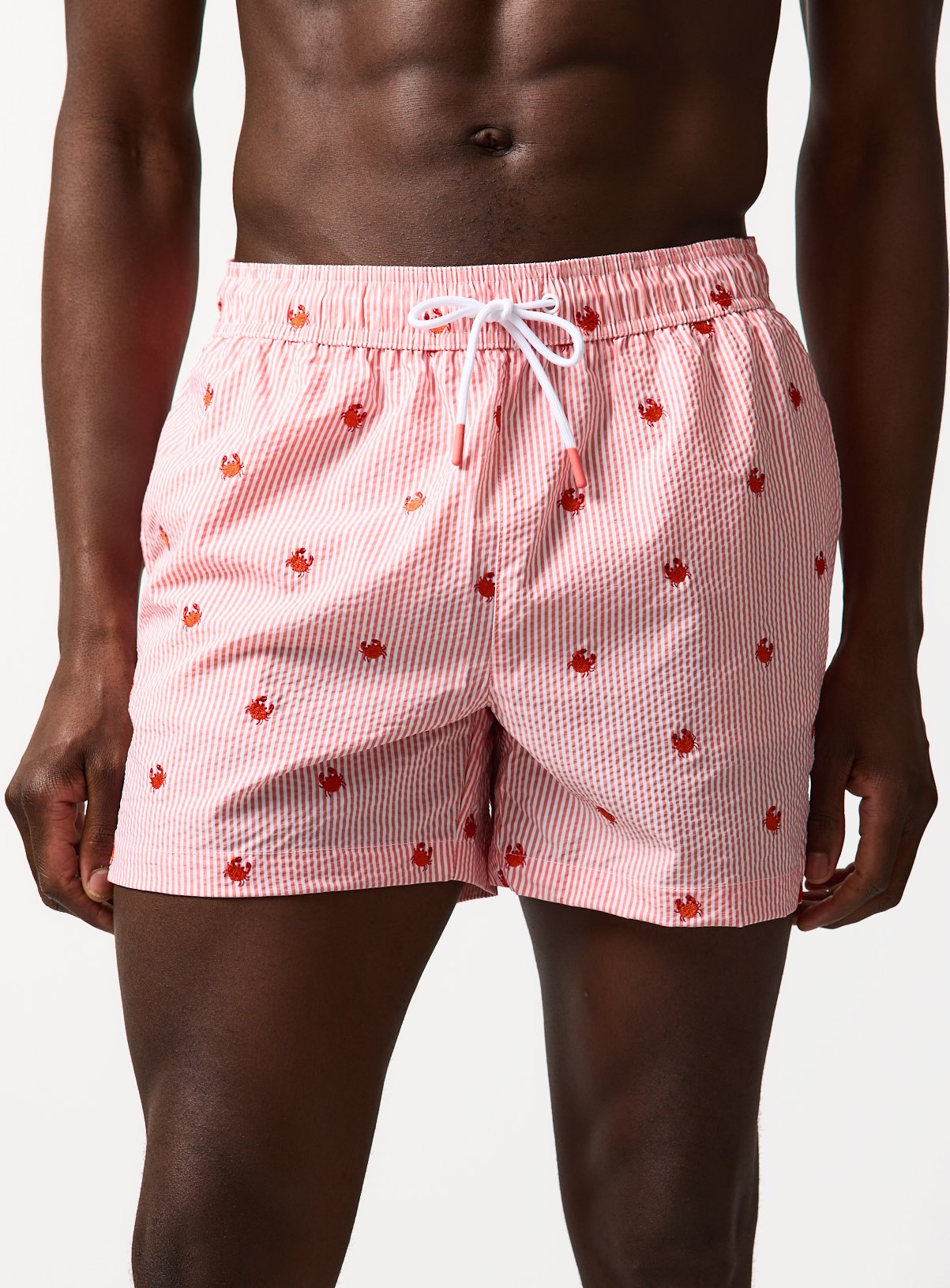 Mini Me Orange Stripe Crab Print Seersucker Swim Shorts 