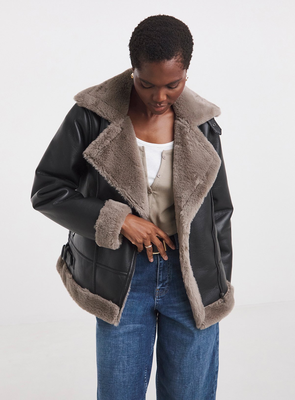 JD WILLIAMS Contrast Faux Fur Lined Aviator Jacket