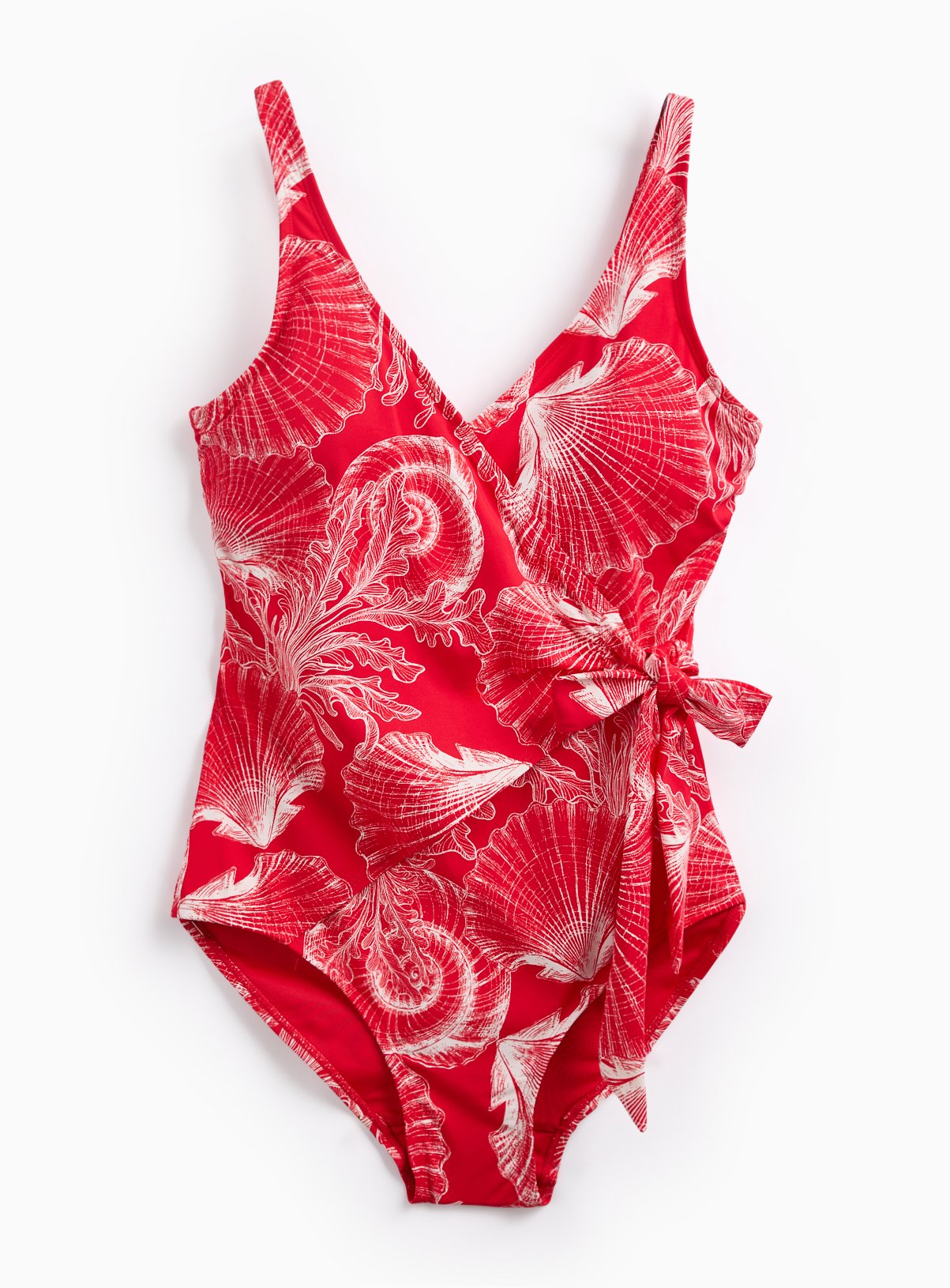 Red Shell Print Wrap Front Swimsuit
