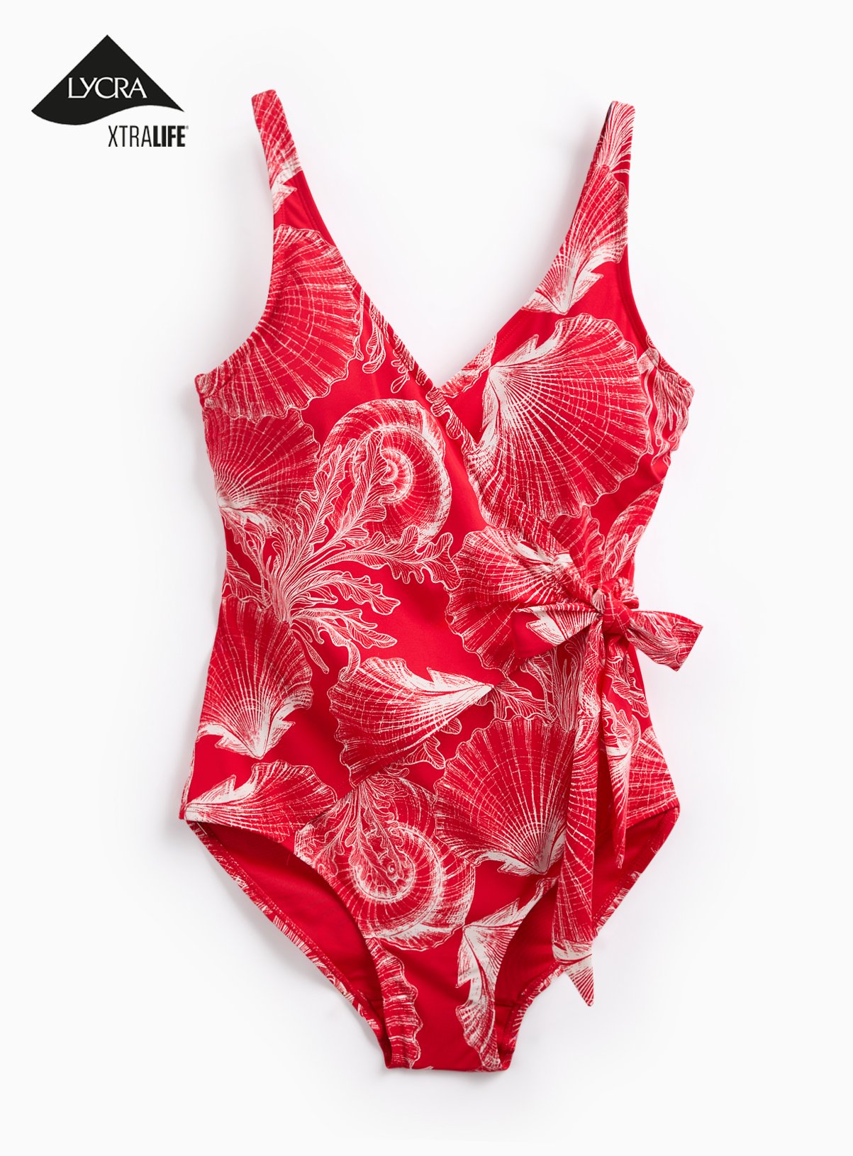 Red Shell Print Wrap Front Swimsuit 