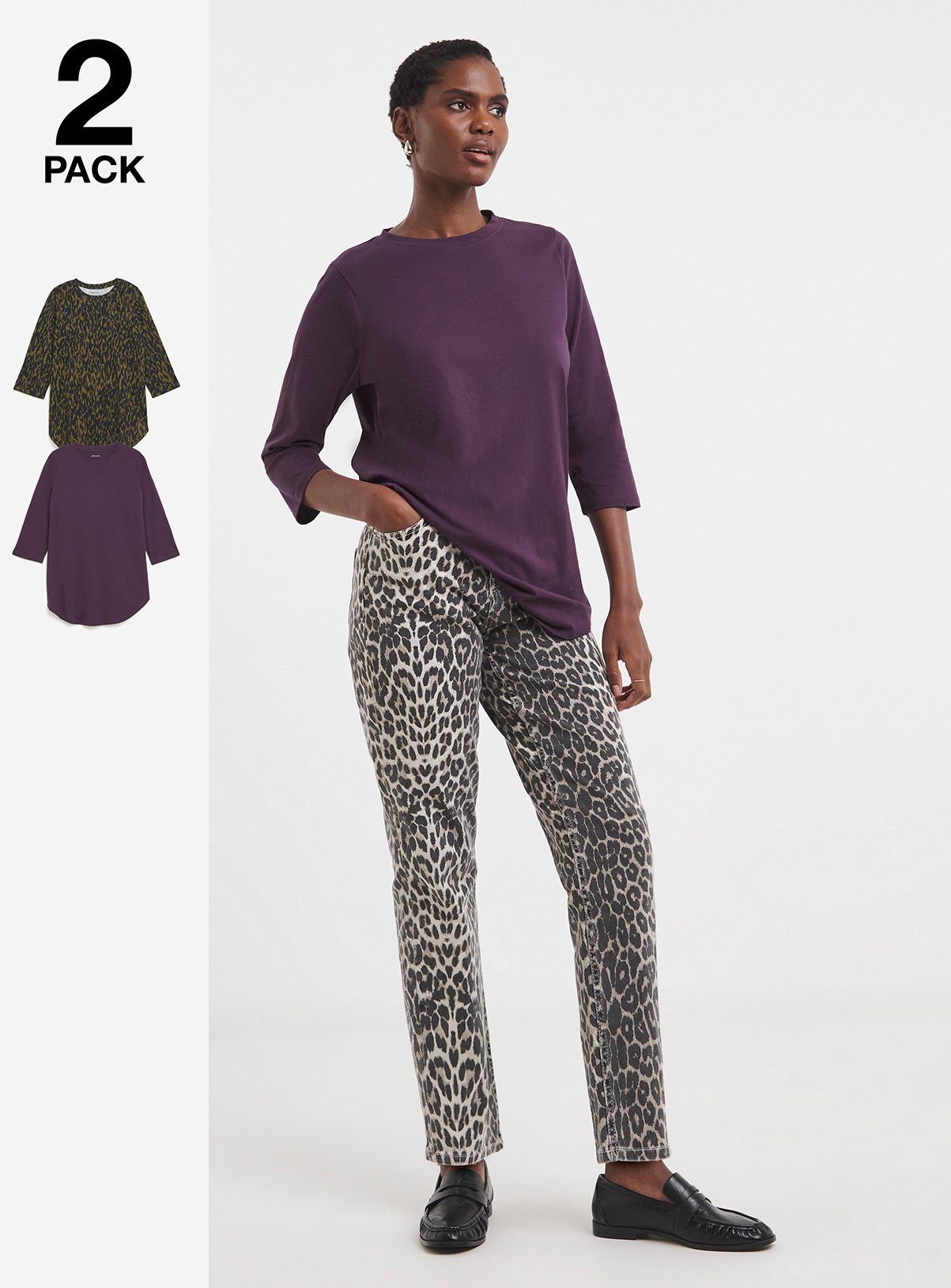 JD WILLIAMS 2 Pack Longline Curved Hem 3/4 Sleeve Top 