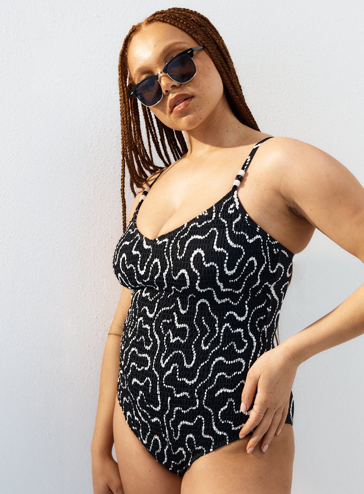 Black Swirl Patterned Shirred Swimsuit 