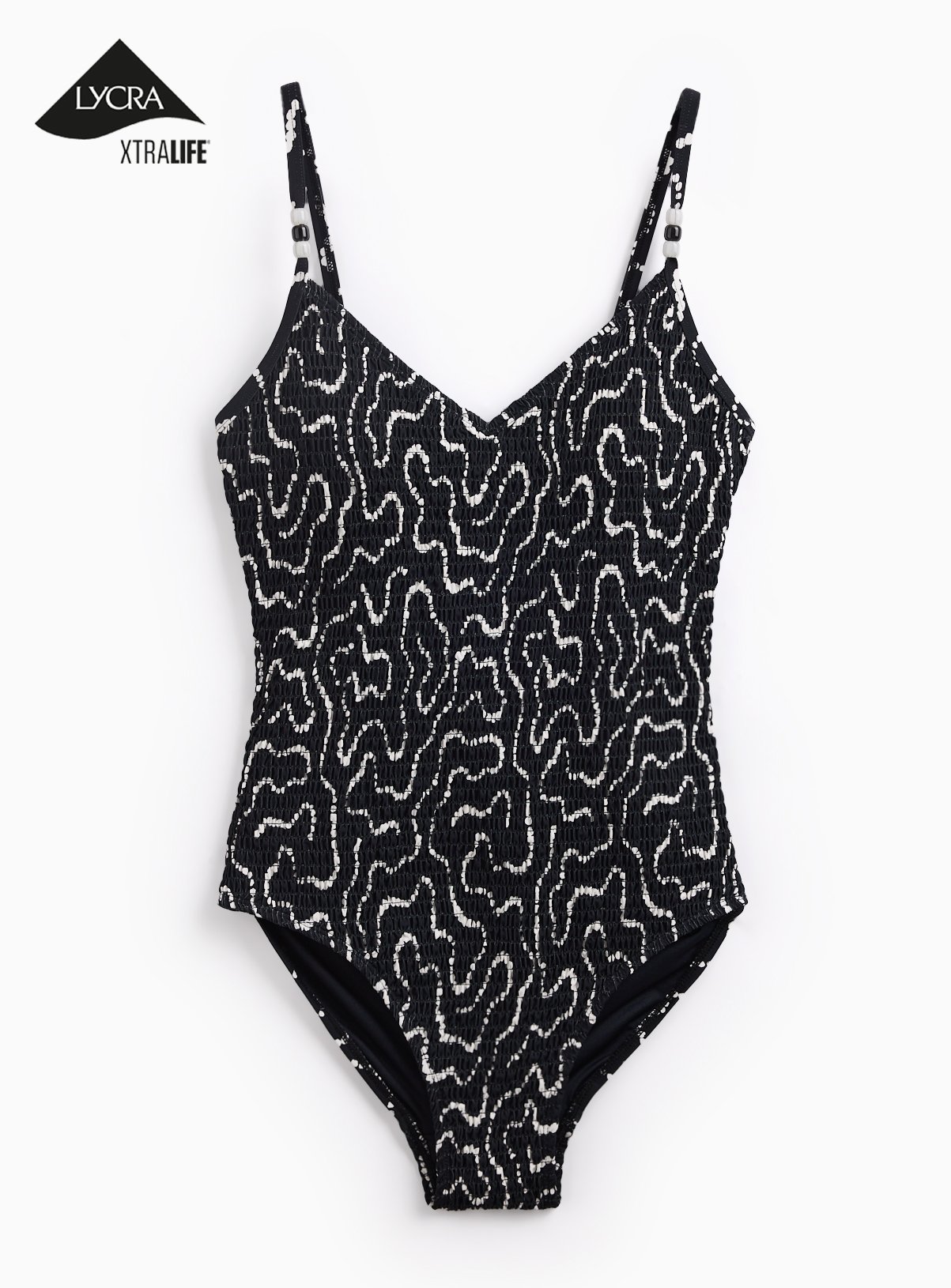Black Swirl Patterned Shirred Swimsuit 