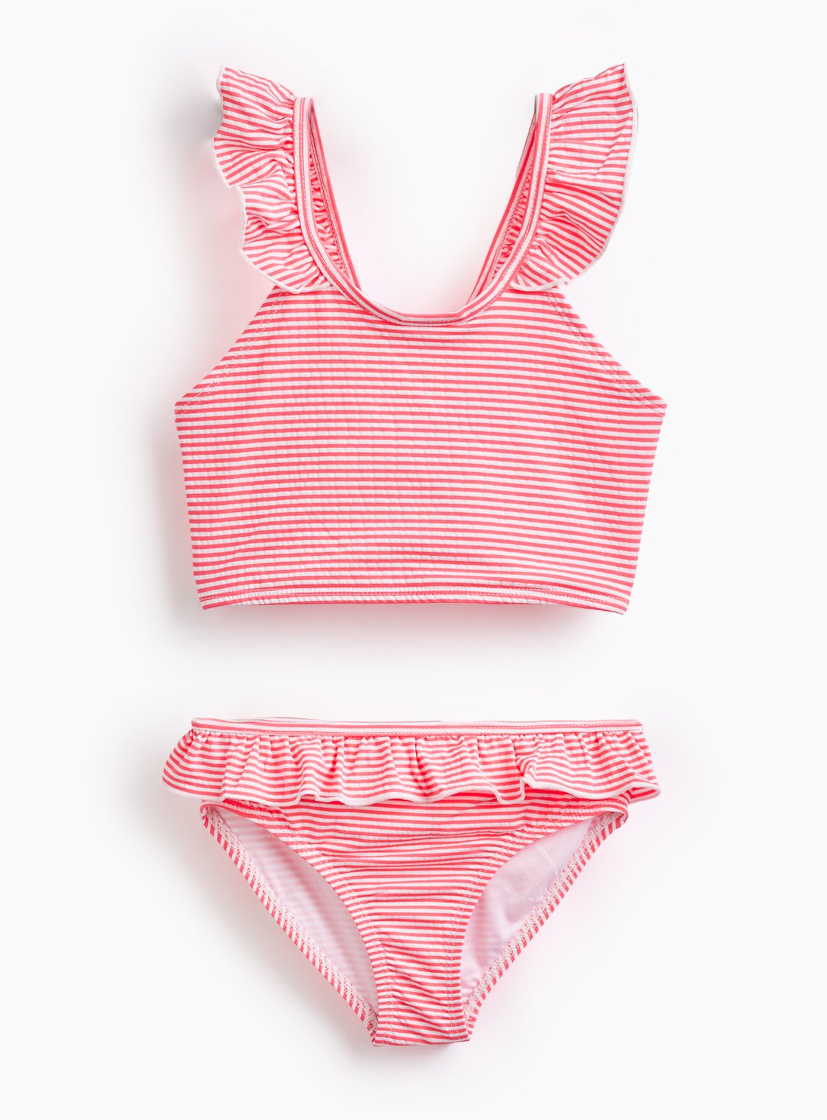 Pink Striped Frill Detail Seersucker Bikini Set 