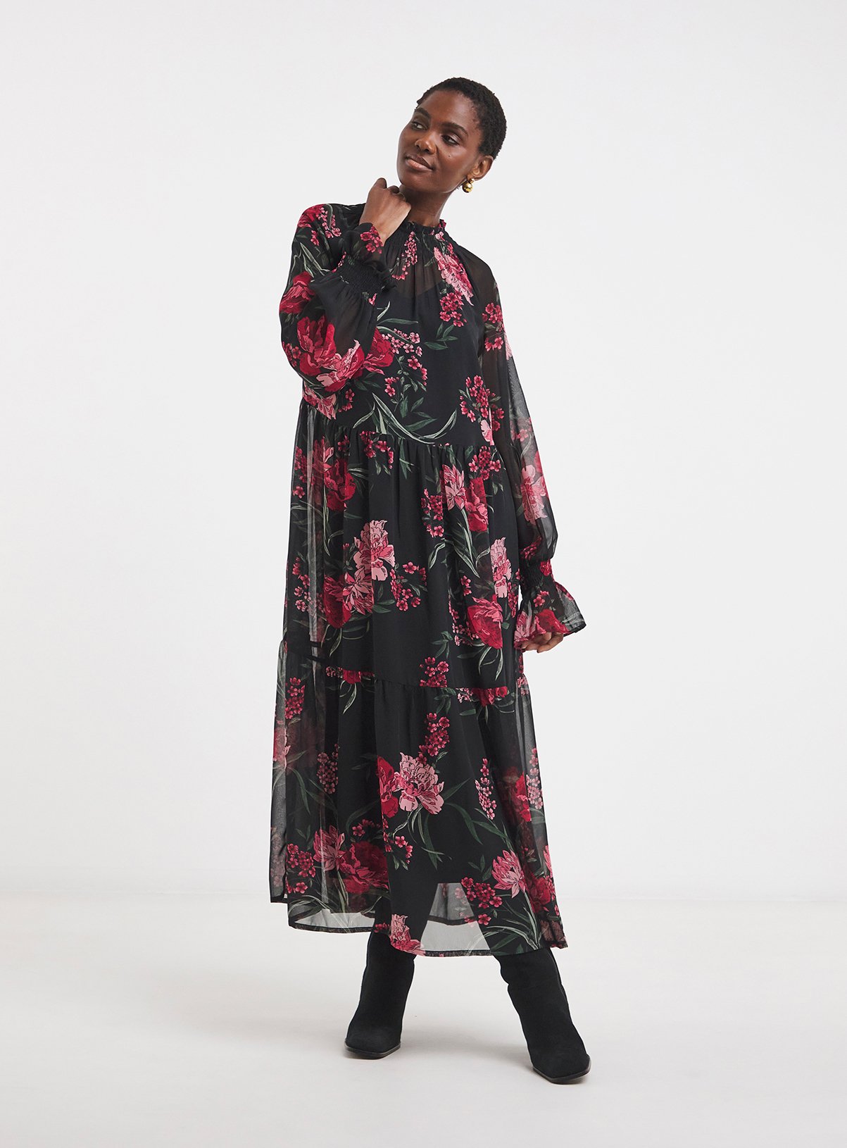 JD WILLIAMS Shirred High Neck Tiered Maxi Dress 