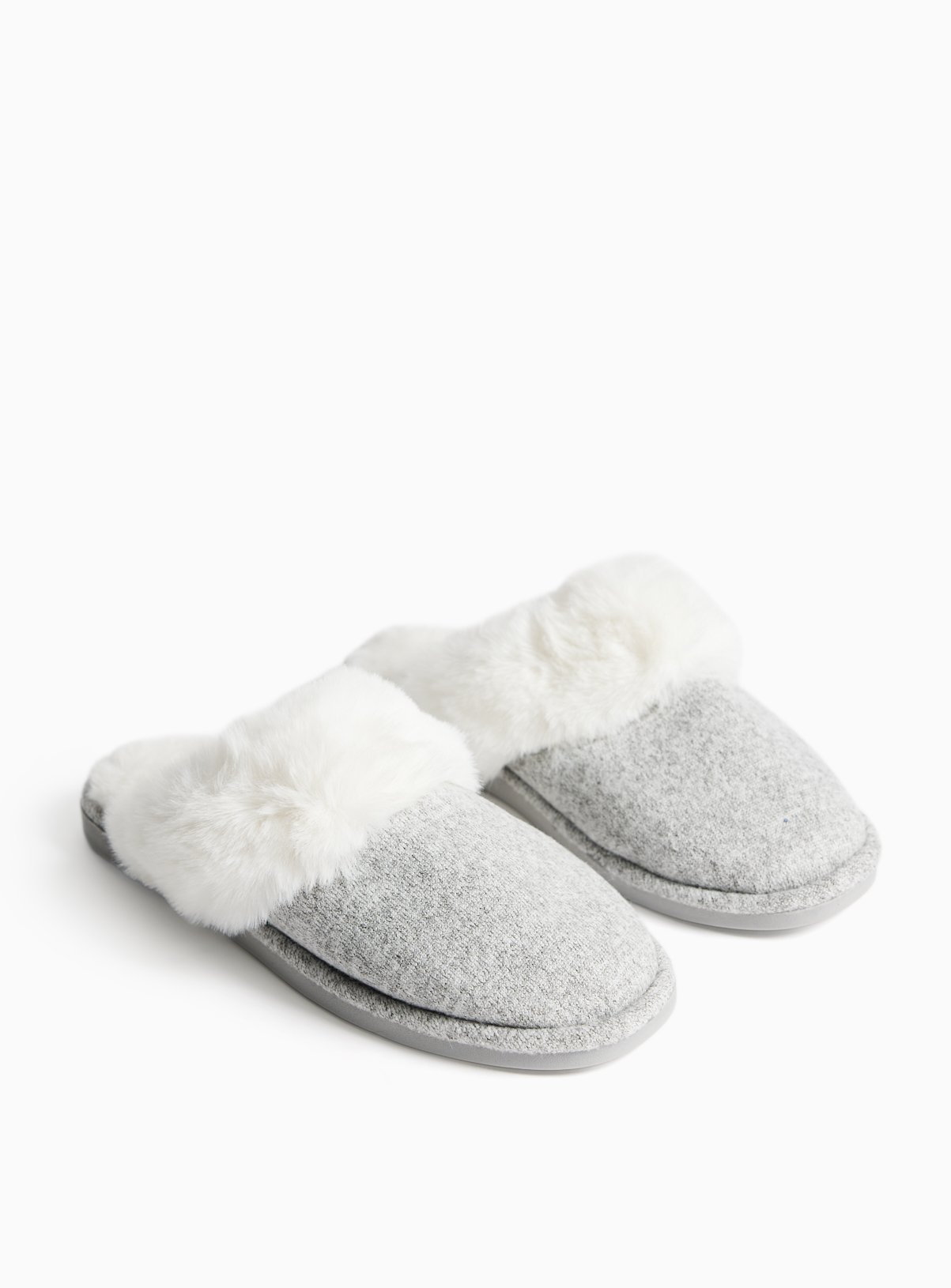 Grey Marl Fur Trim Mule Slippers S