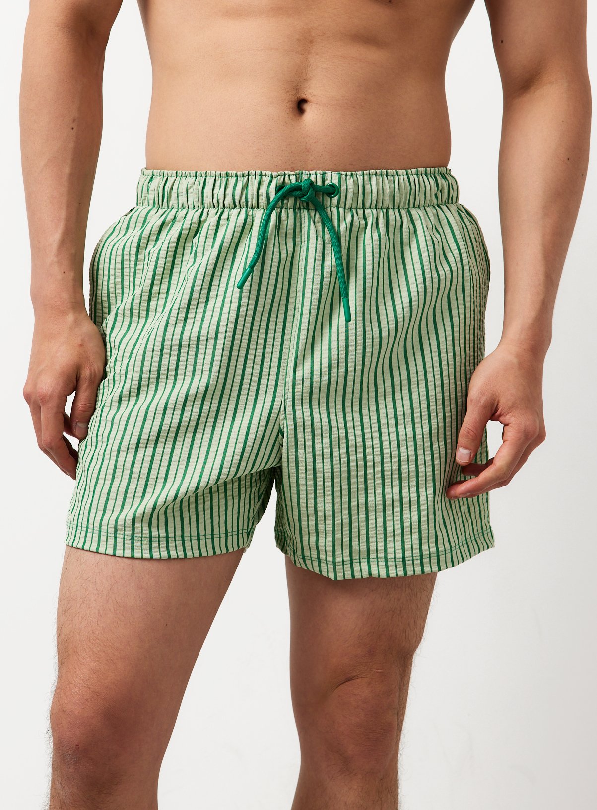 Green Stripe Print Seersucker Swim Shorts