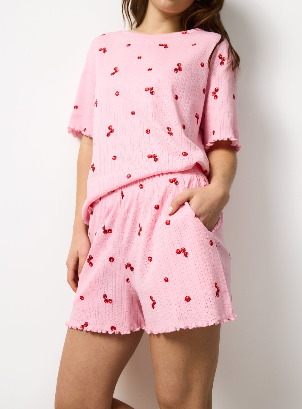 Pink Tomato Print Pointelle Co-ord Pyjama Shorts