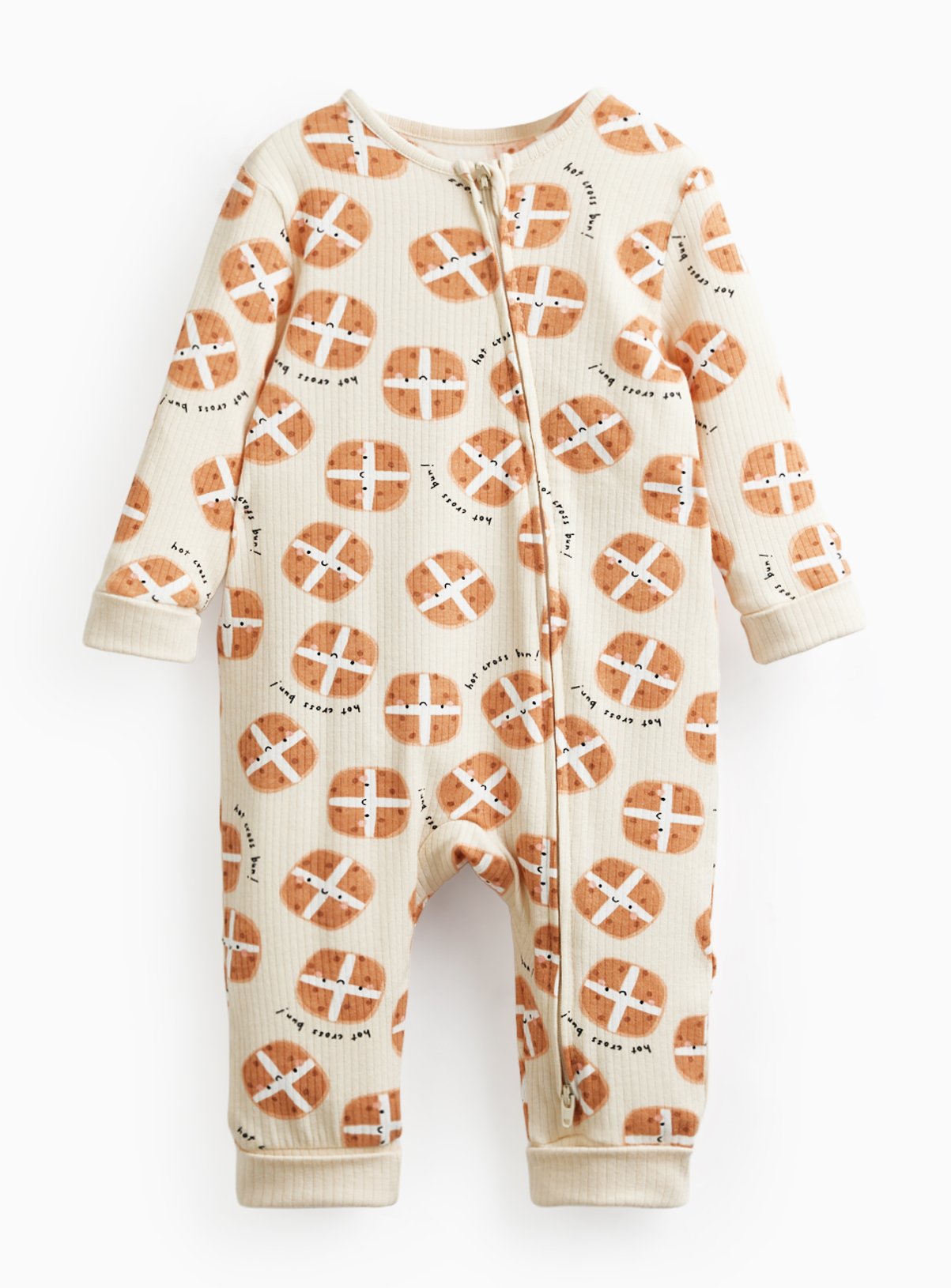 Beige Hot Cross Bun Easter Print Ribbed Sleepsuit 9-12 months
